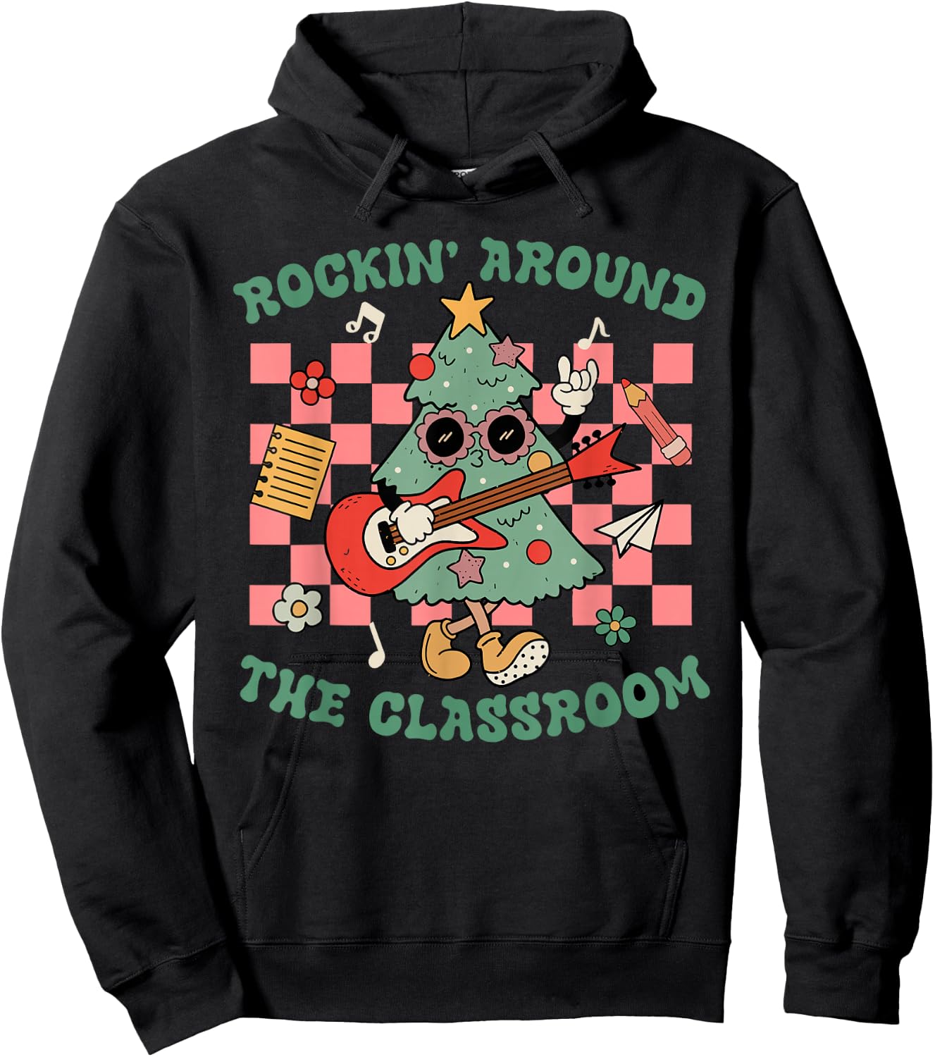 Retro Groovy Teacher Christmas Rockin' Around The Classroom Hoodie - Hoodie | Black