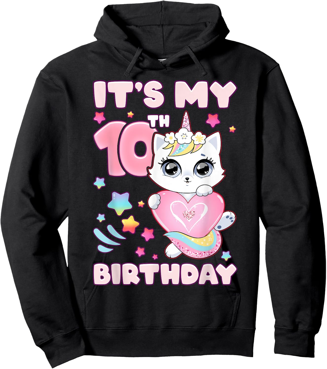 Birthday girl 10 years old, cat, unicorn, 10th birthday Hoodie - Hoodie | Black