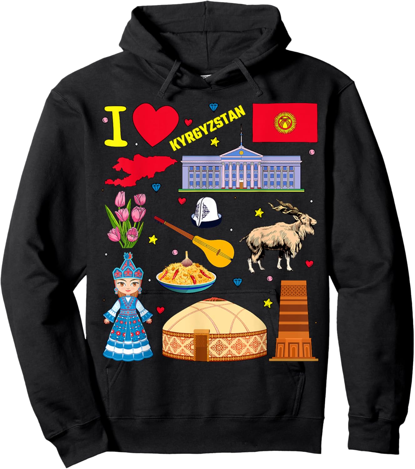 I love Kyrgyzstan. Hand drawn Kyrgyz Landmarks, flag and map Hoodie - Hoodie | Black