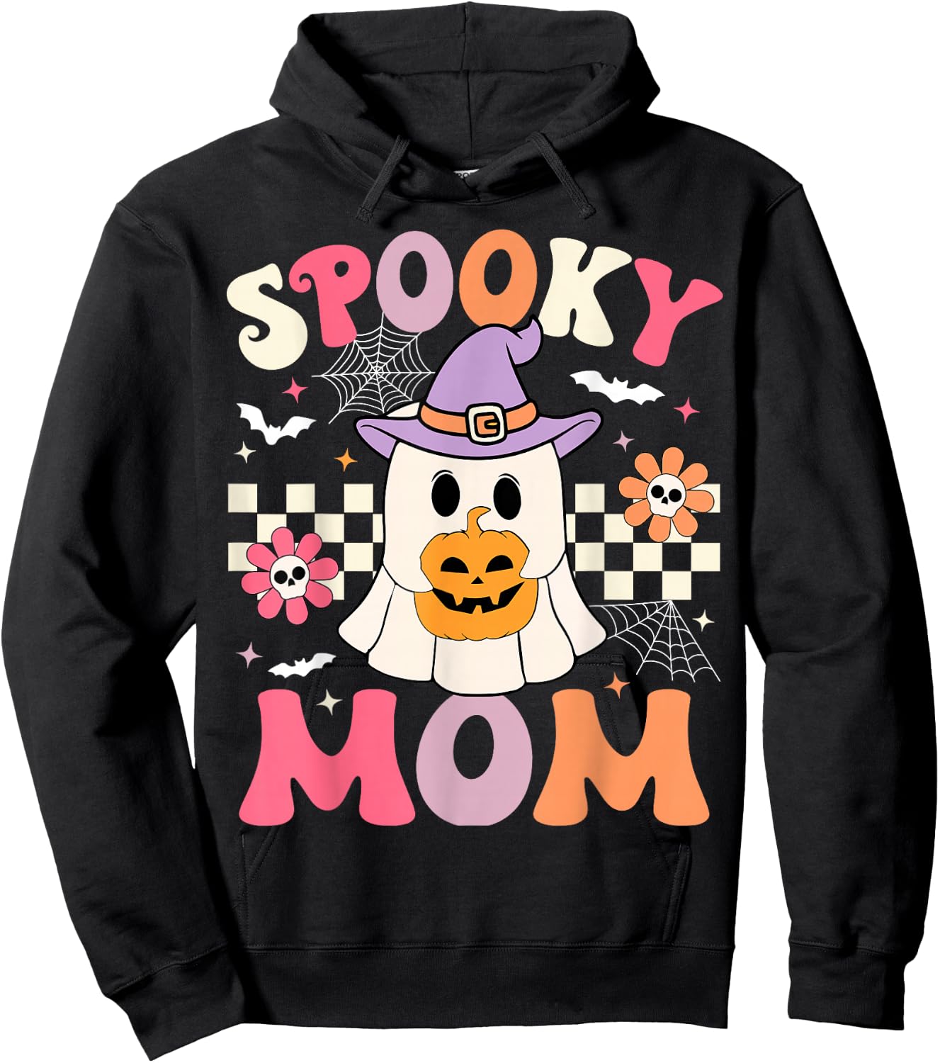 Groovy Spooky Mom Retro Ghost Holding Pumpkin Halloween Hoodie - Hoodie | Black