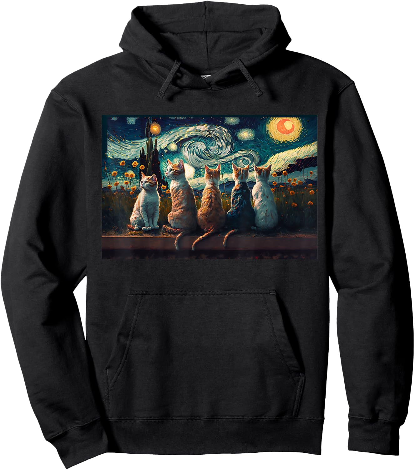 cats painting art sitting Starry Night kitty kitten Van Gogh Hoodie - Hoodie | Black