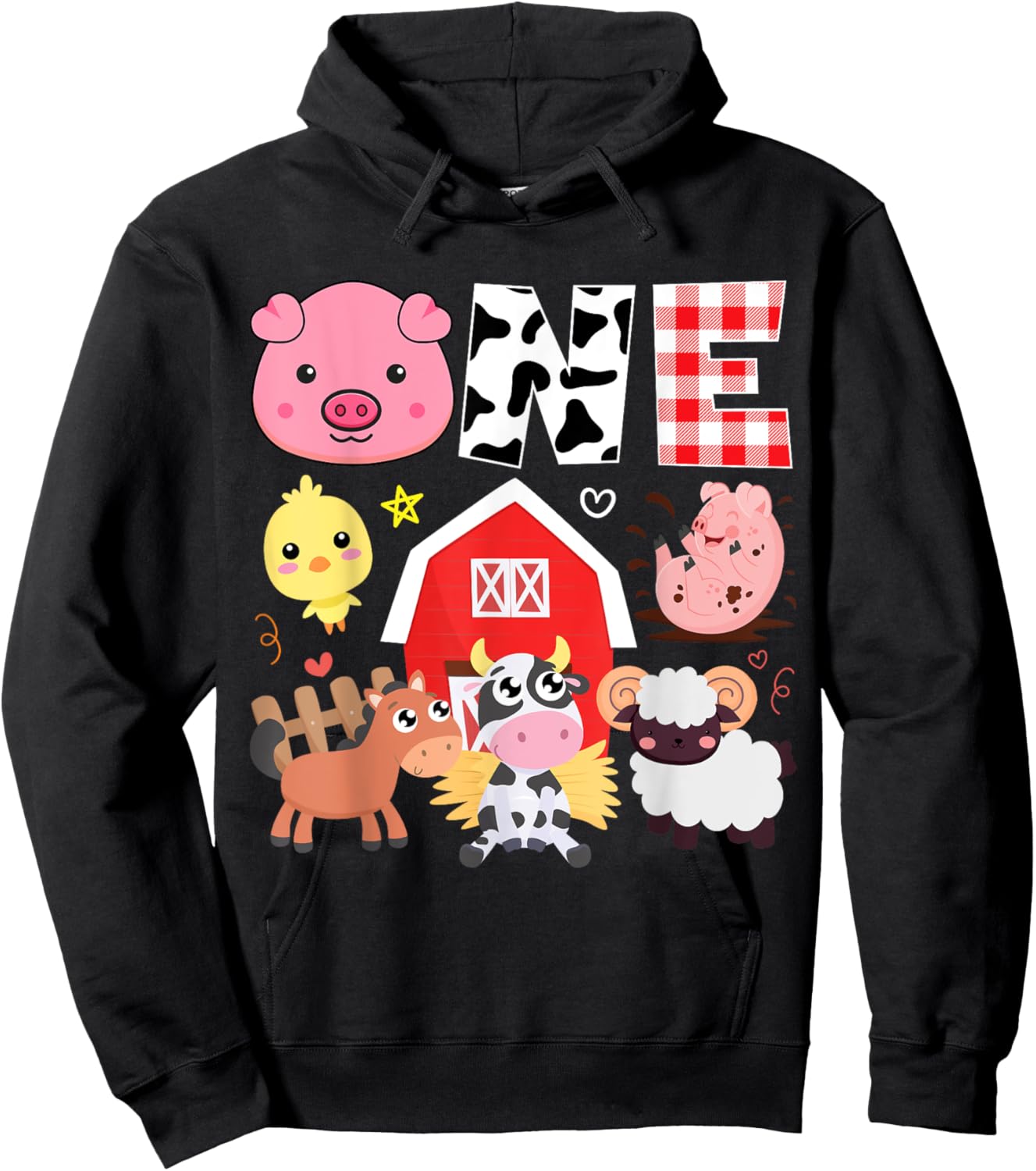 1st Birthday One Year Old Farm Theme Animals Birthday Party Hoodie - Hoodie | Black