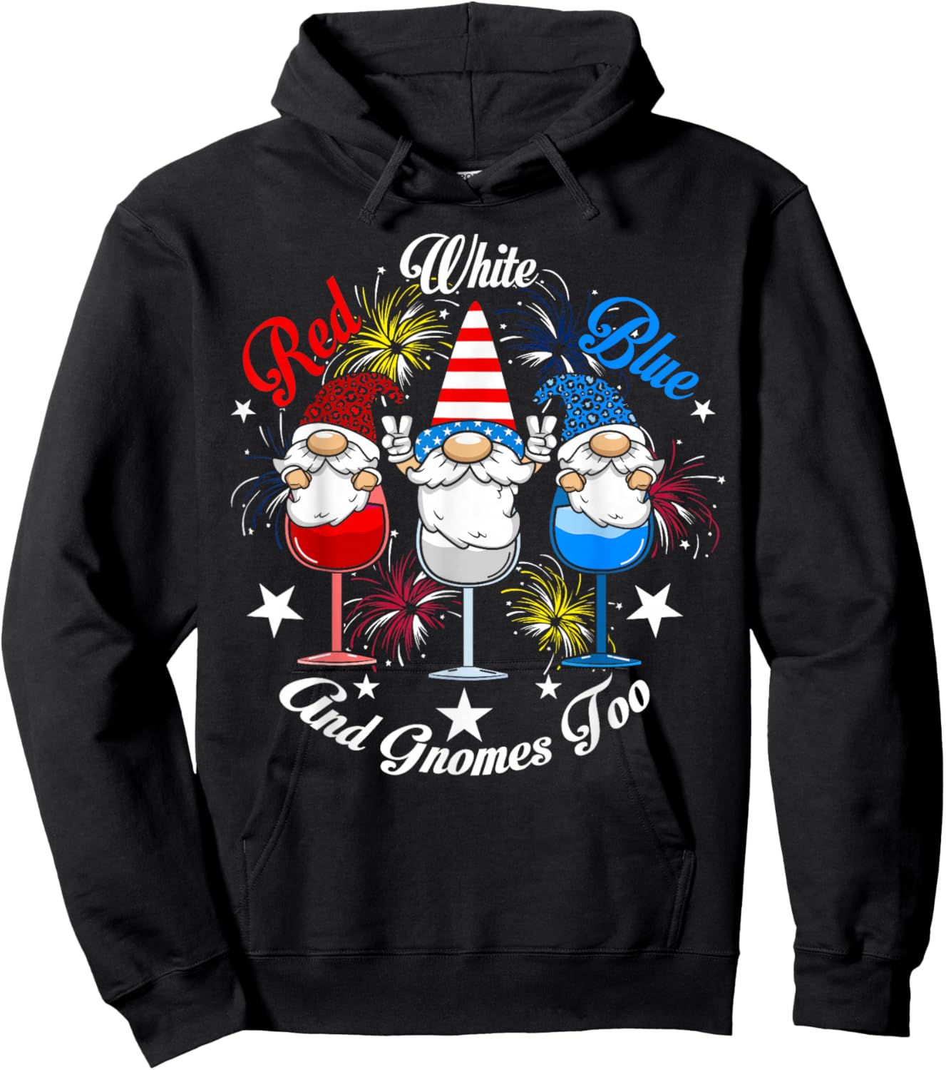 Red White Blue Gnomes Too 4th of July Wine Glass USA Flag Men Hoodie - Hoodie | Black