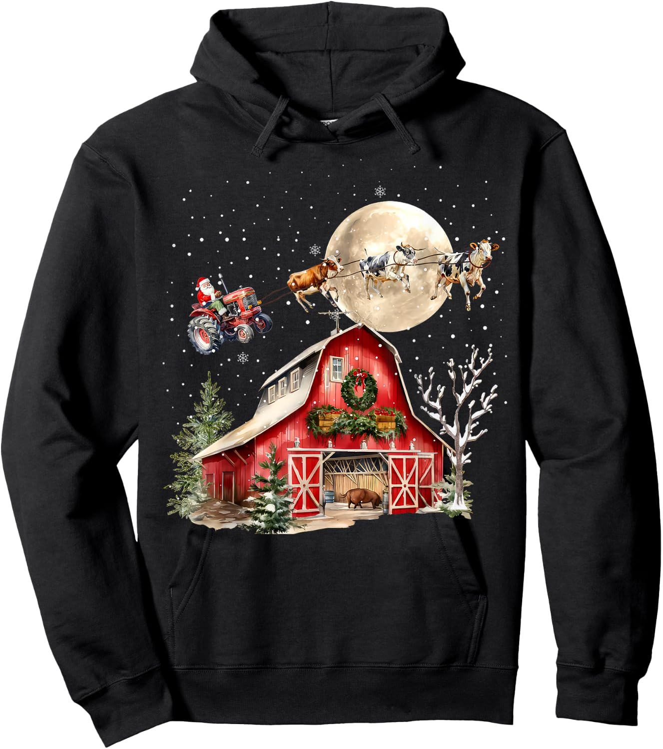 Funny Santa Claus Tractor Cows Farm Farmer Christmas Holiday Hoodie - Hoodie | Black