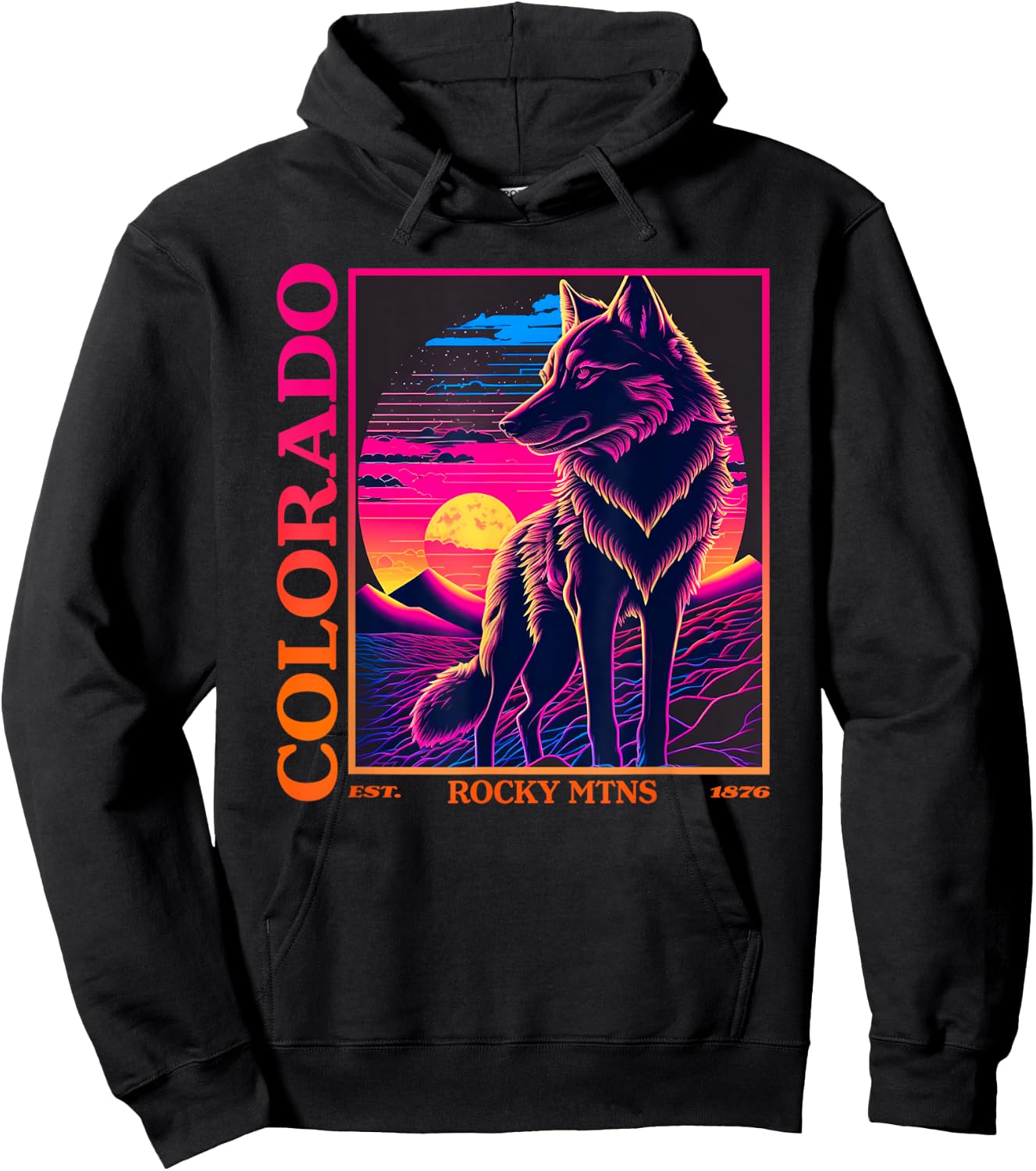 Colorado Mountain Wolf - Wolf, Moon, & Stars Retro Hoodie - Hoodie | Black
