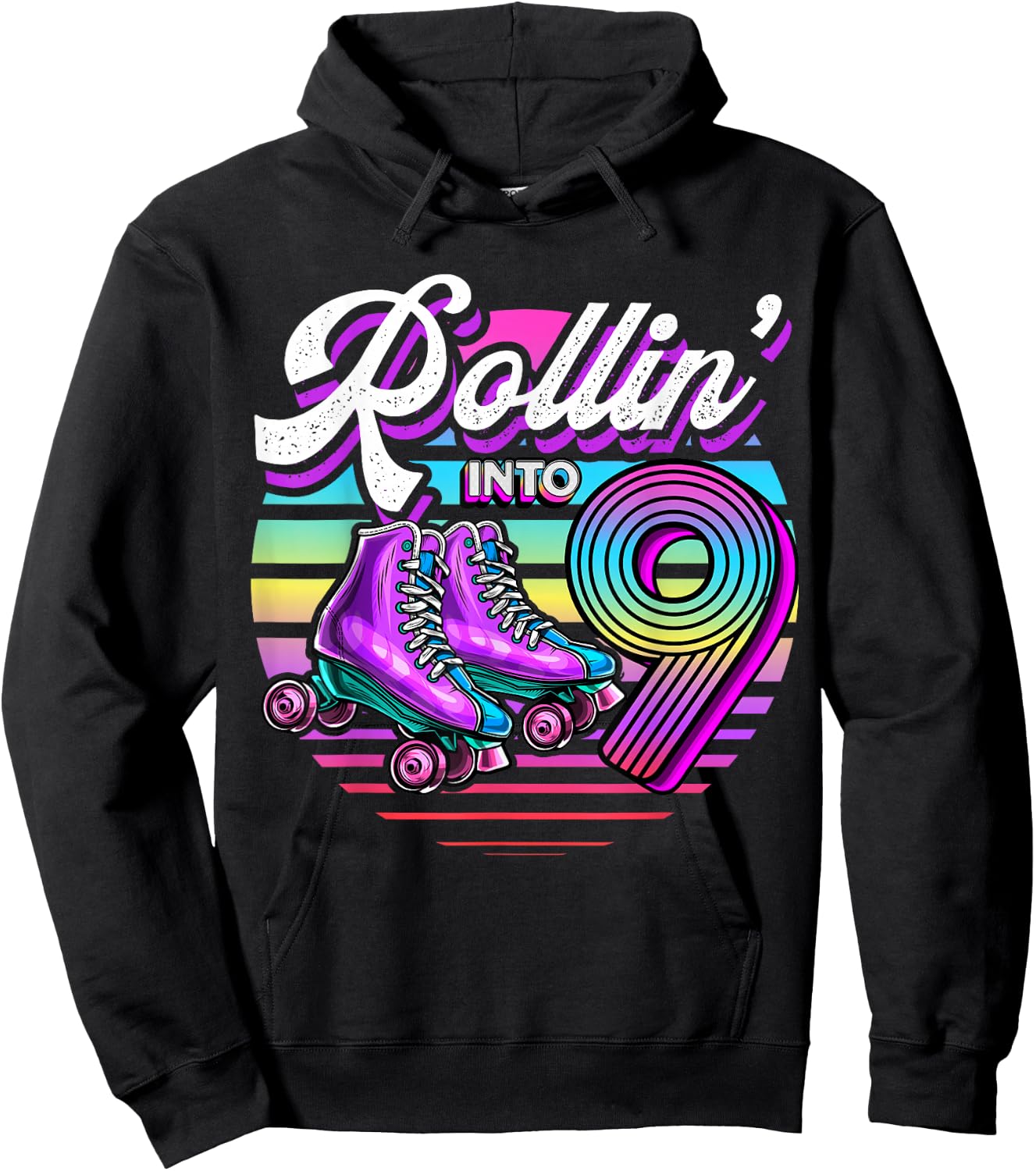Rollin' into 9 Roller Skating Rink 9th Birthday Party Girls Hoodie - Hoodie | Black
