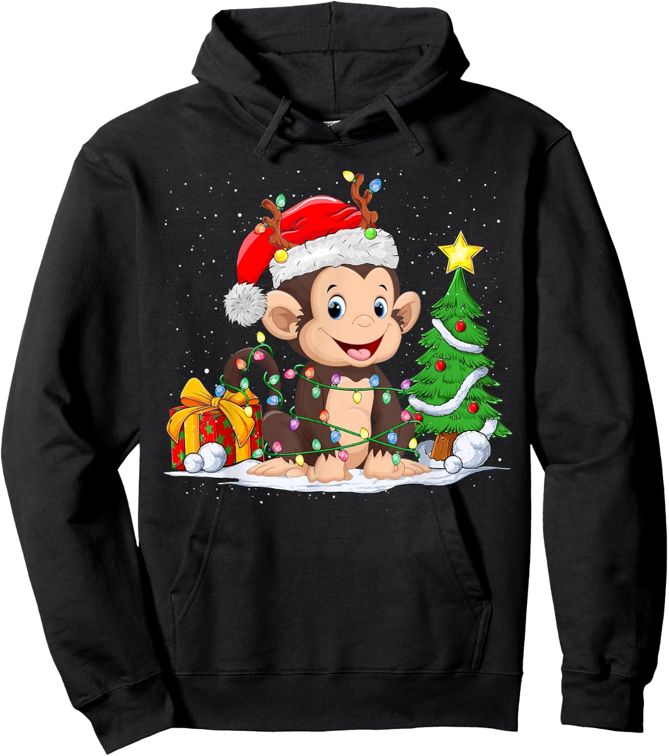 Cute Monkey Santa Christmas Tree Lights Xmas Pajama Monkey Hoodie - Hoodie | Black