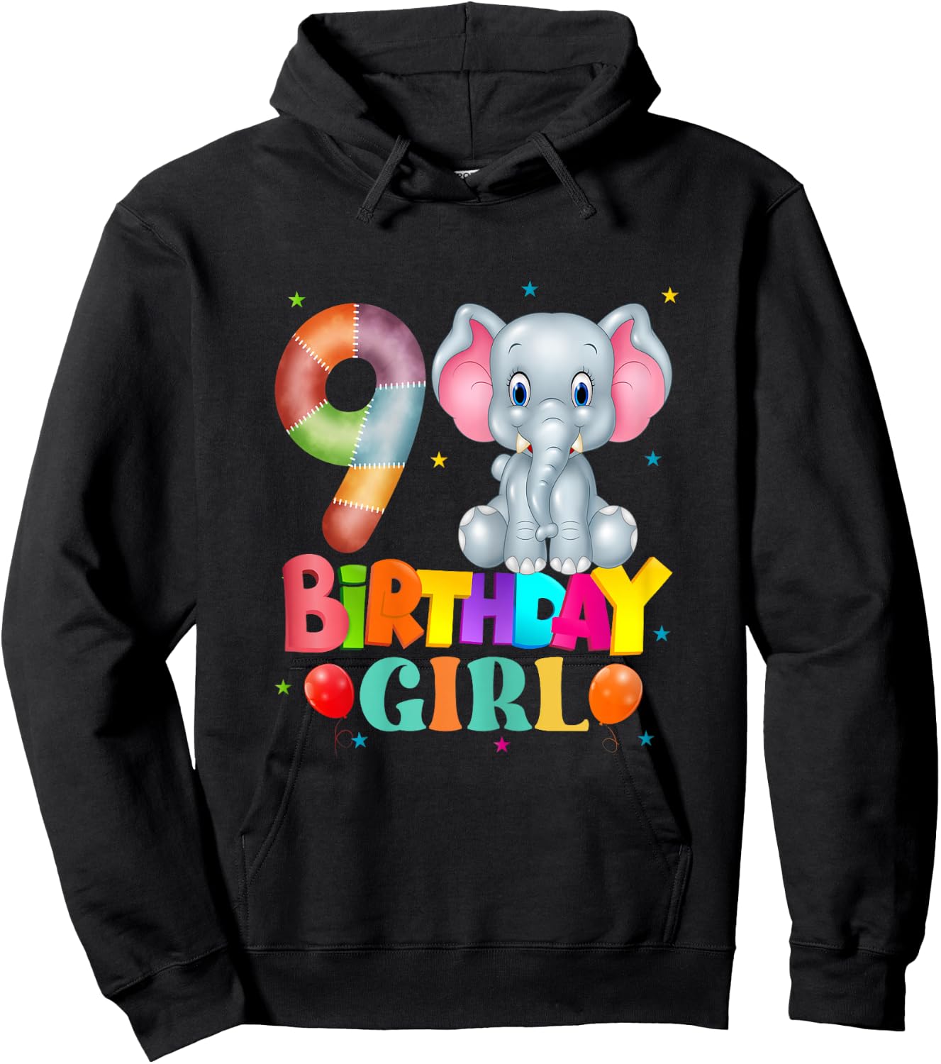 9th Birthday Elephant 9 Years Old Girls Elephant Hoodie - Hoodie | Black