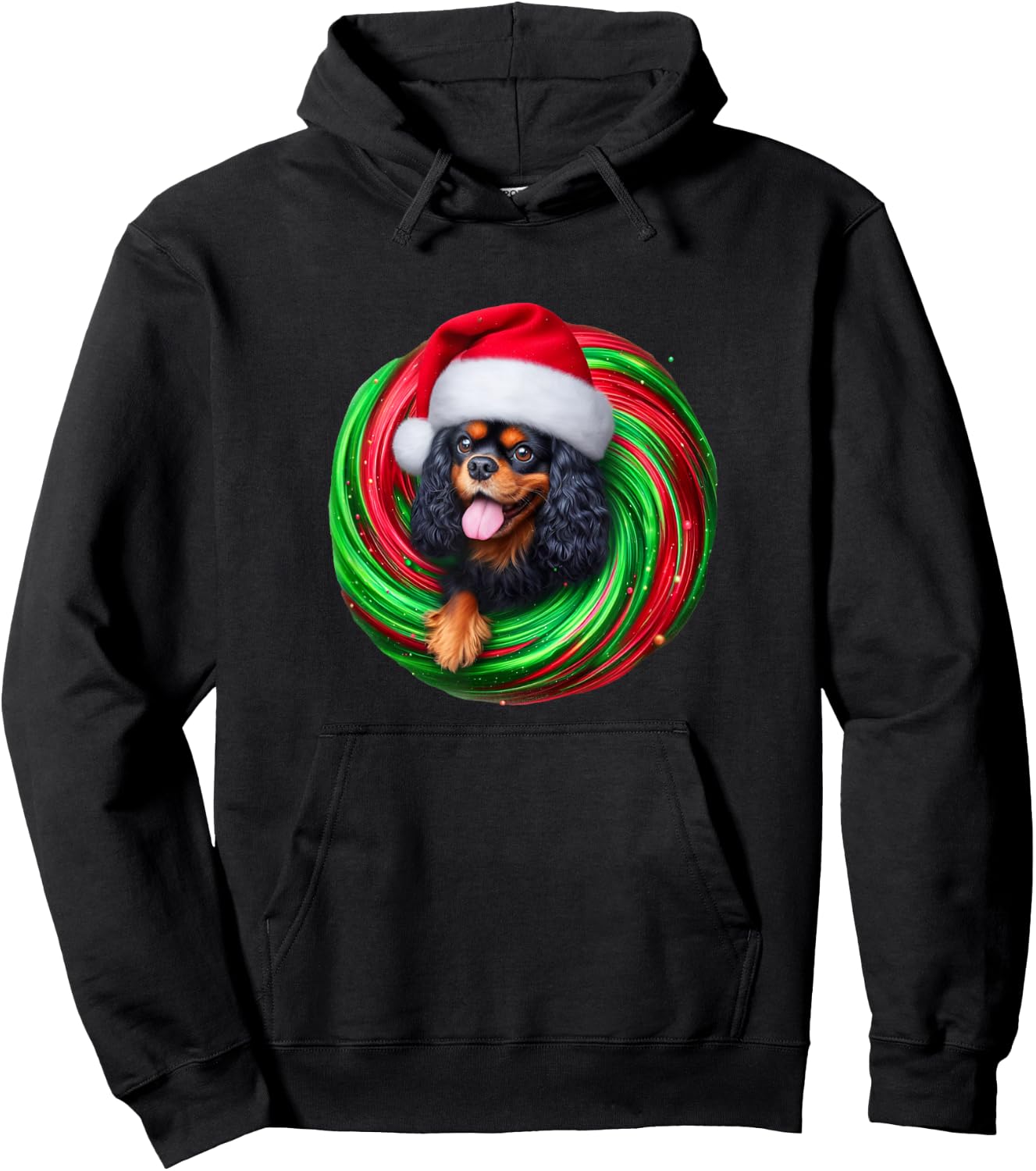 Cavalier King Charles Spaniel Dog Black Tan Christmas Swirl Men Women Hoodie - Hoodie | Black