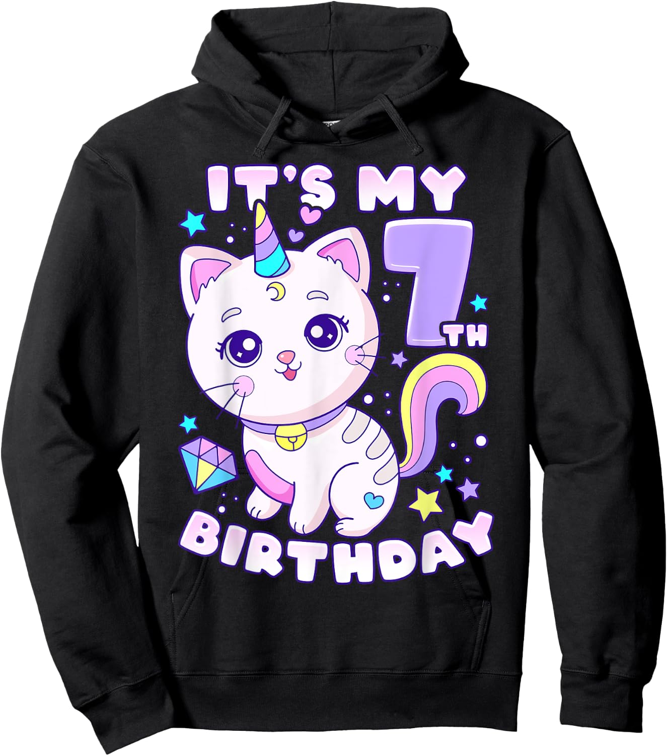 Birthday girl 7 years old, cat, unicorn, 7th birthday Hoodie - Hoodie | Black