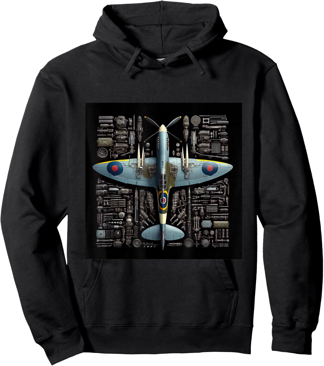 WW2 Warplane Spitfire Anatomy Assembly Parts Blueprint Hoodie - Hoodie | Black