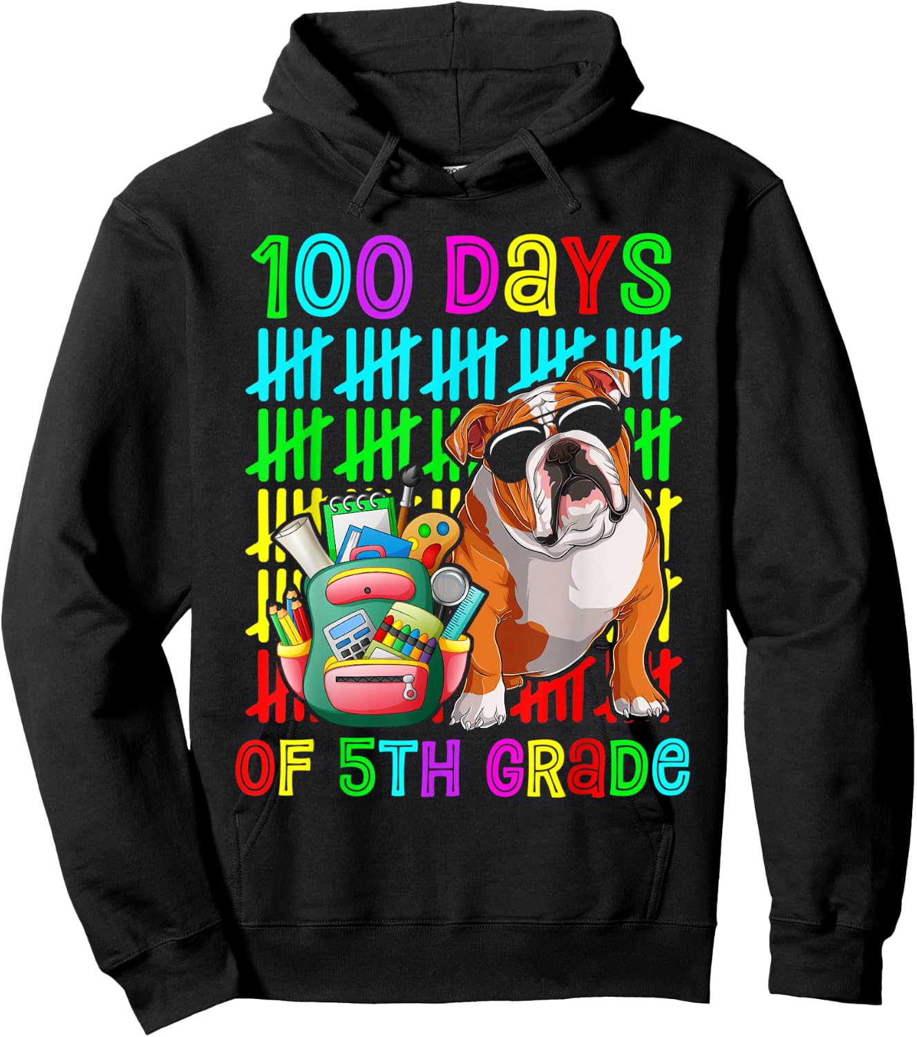 100th Day Of 5th Grade Boys Kids English Bulldog Dog Lovers Hoodie - Hoodie | Black
