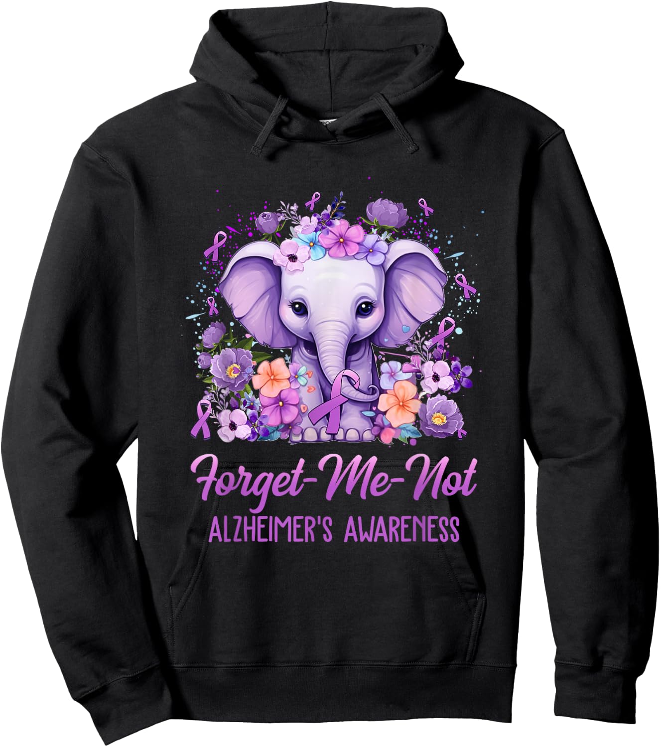 Forget Me Not Alzheimer's Awareness Month Elephant Flower Hoodie - Hoodie | Black