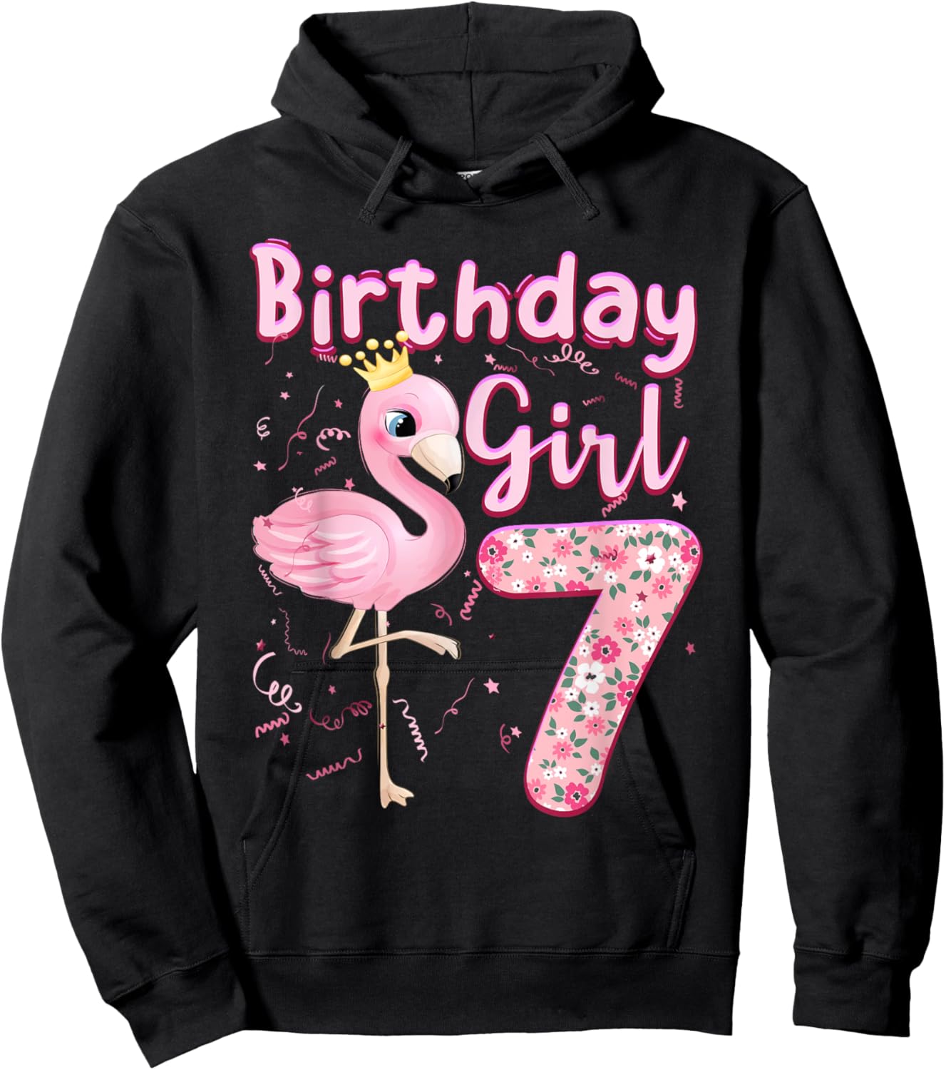 7th Birthday Girls Flamingo 7 Years Old Tropical Flamingo Hoodie - Hoodie | Black