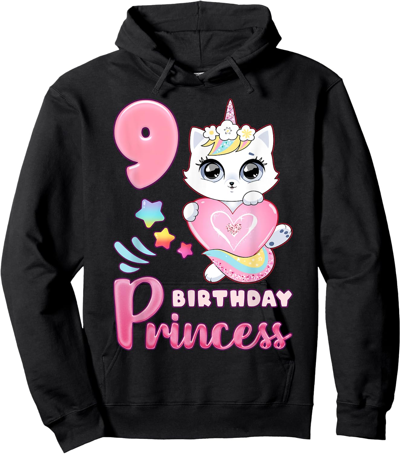 Girl, 9th birthday, unicorn cat, number 9 Hoodie - Hoodie | Black