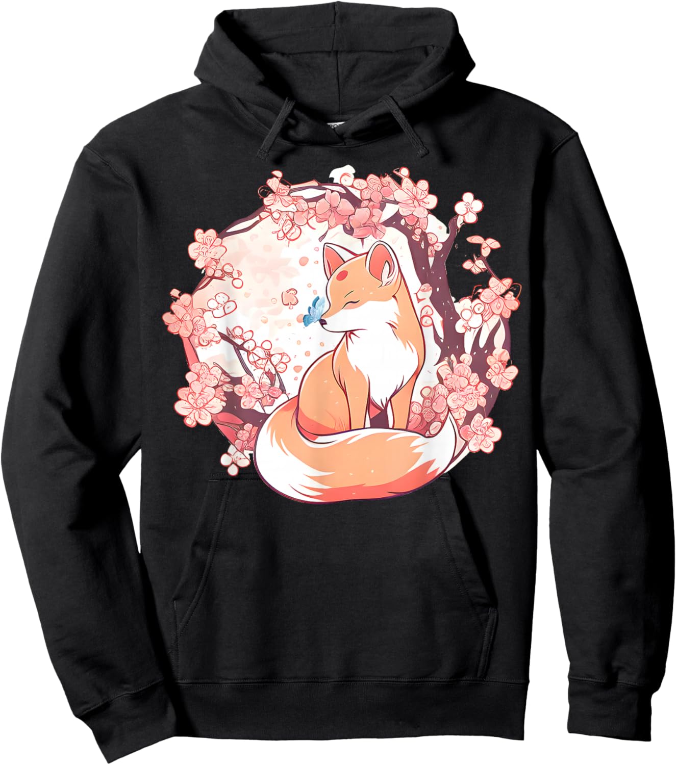 Fox Japanese Cherry Blossom Flower Butterfly Vintage Hoodie - Hoodie | Black