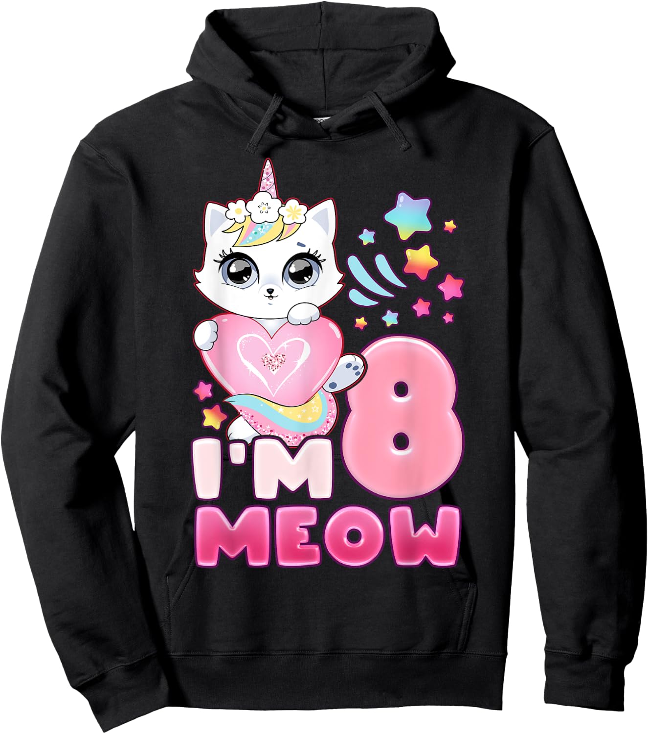 Birthday girl 8 years old, cat, unicorn, 8th birthday Hoodie - Hoodie | Black