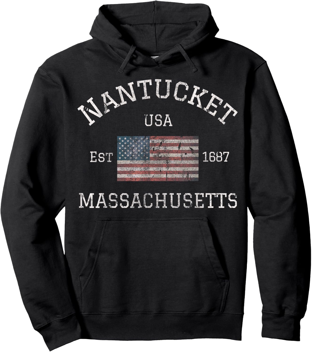 Nantucket Massachusetts American Flag USA Travel Vintage Hoodie - Hoodie | Black