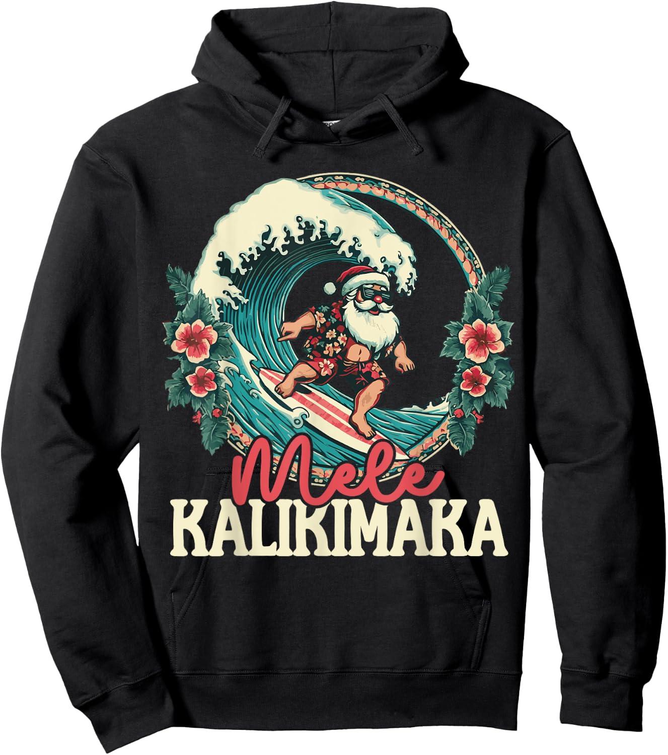 Mele Kalikimaka Santa Surfing Christmas Hawaiian Shaka Wave Hoodie - Hoodie | Black