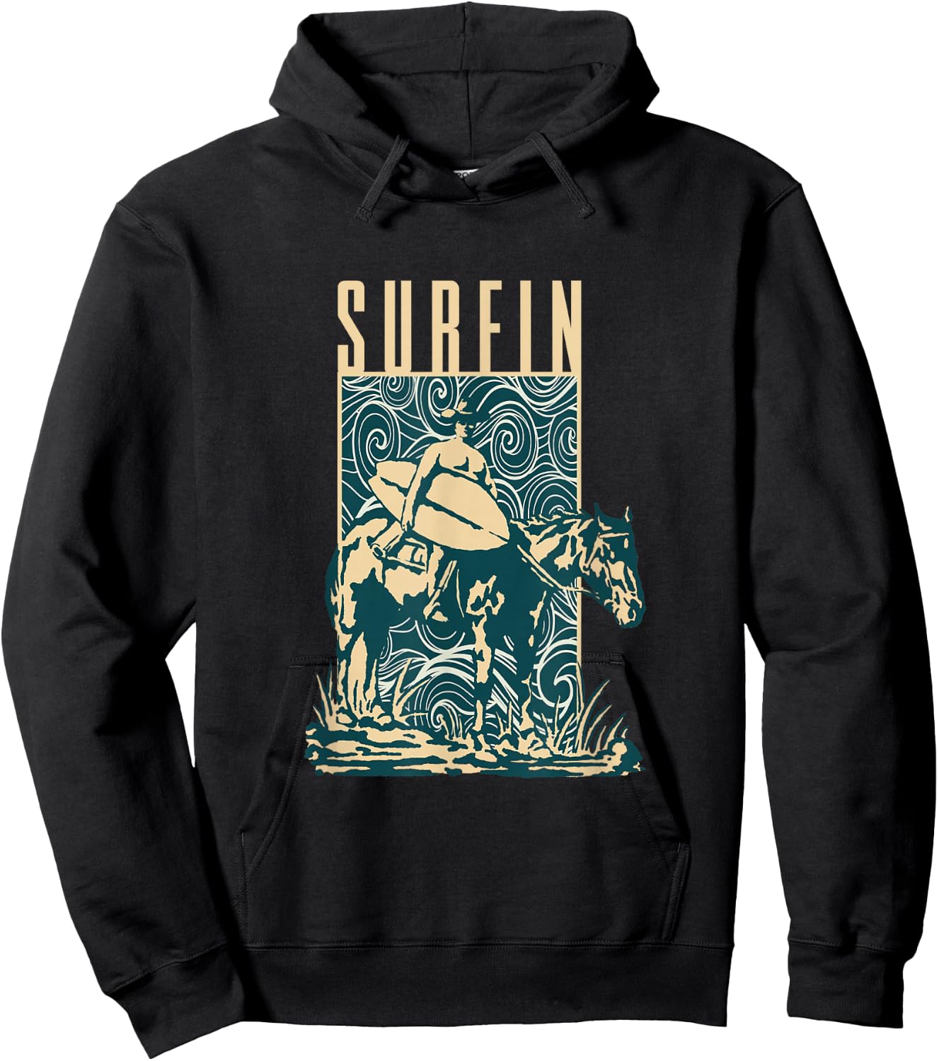 Surfin | Cowboy Cowboy With Surfboard | Surfing Surfer Hoodie - Hoodie | Black