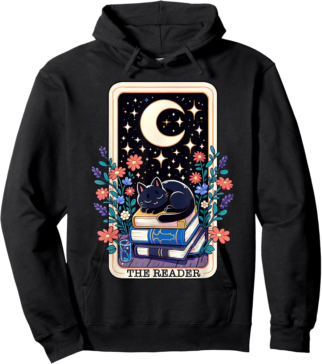 The Reader Tarot Card Cute Cat On Books Stack Book Lover Men Women Hoodie - Hoodie | Black
