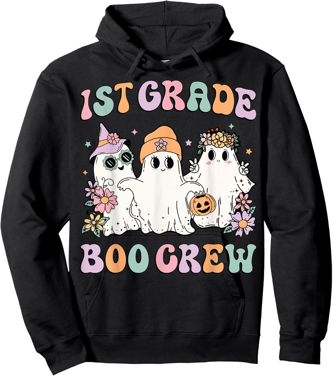 1st Grade Boo Crew Groovy Halloween Floral Ghost Kid Teacher Hoodie - Hoodie | Black
