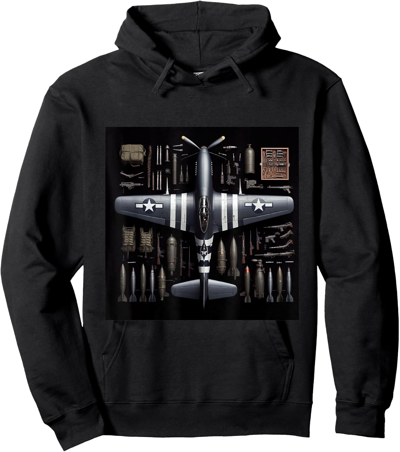 WW2 Warplane P51 Mustang Assembly Parts Blueprint Hoodie - Hoodie | Black