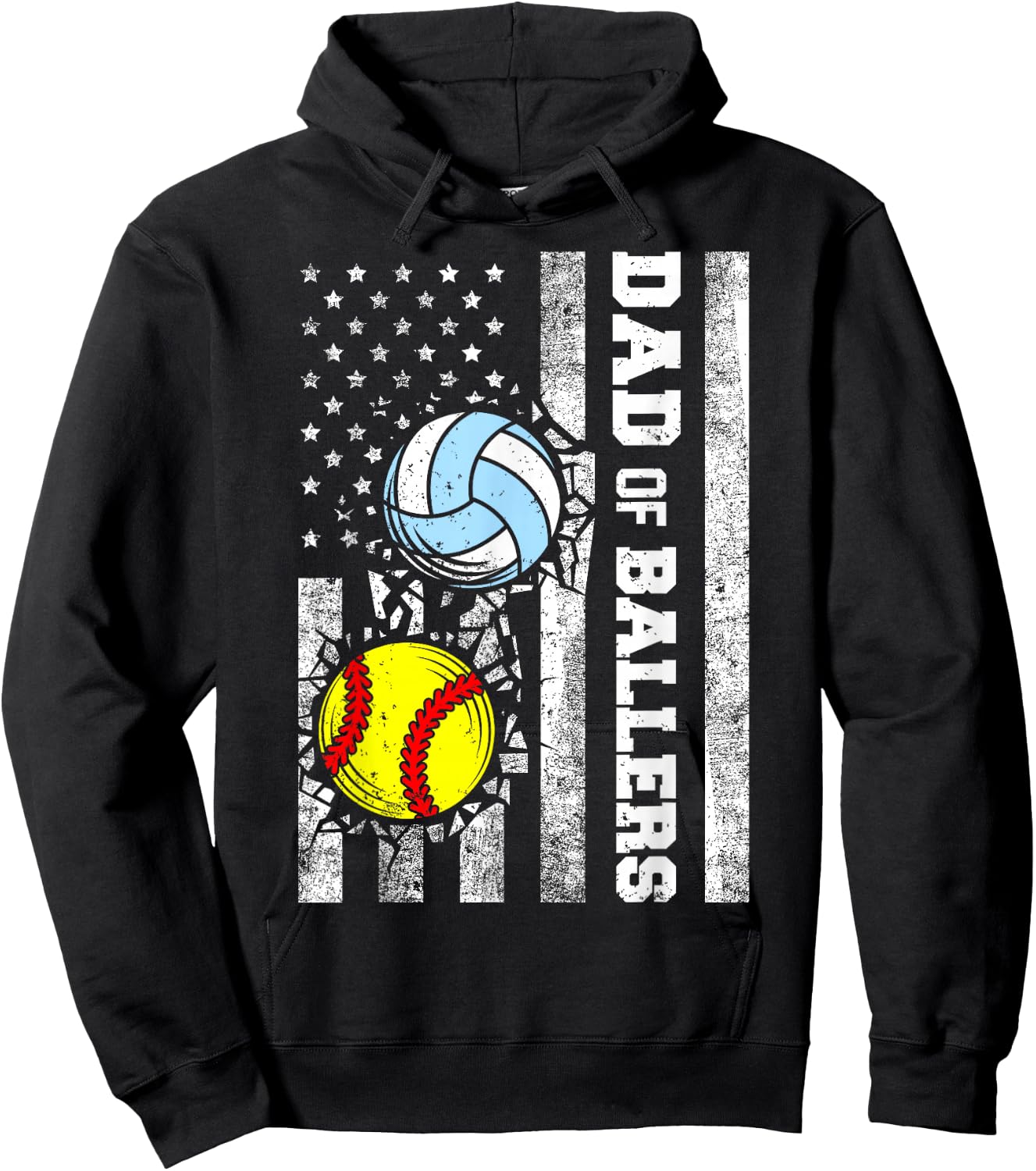 Dad of Ballers Funny USA Flag Softball Volleyball Dad Hoodie - Hoodie | Black