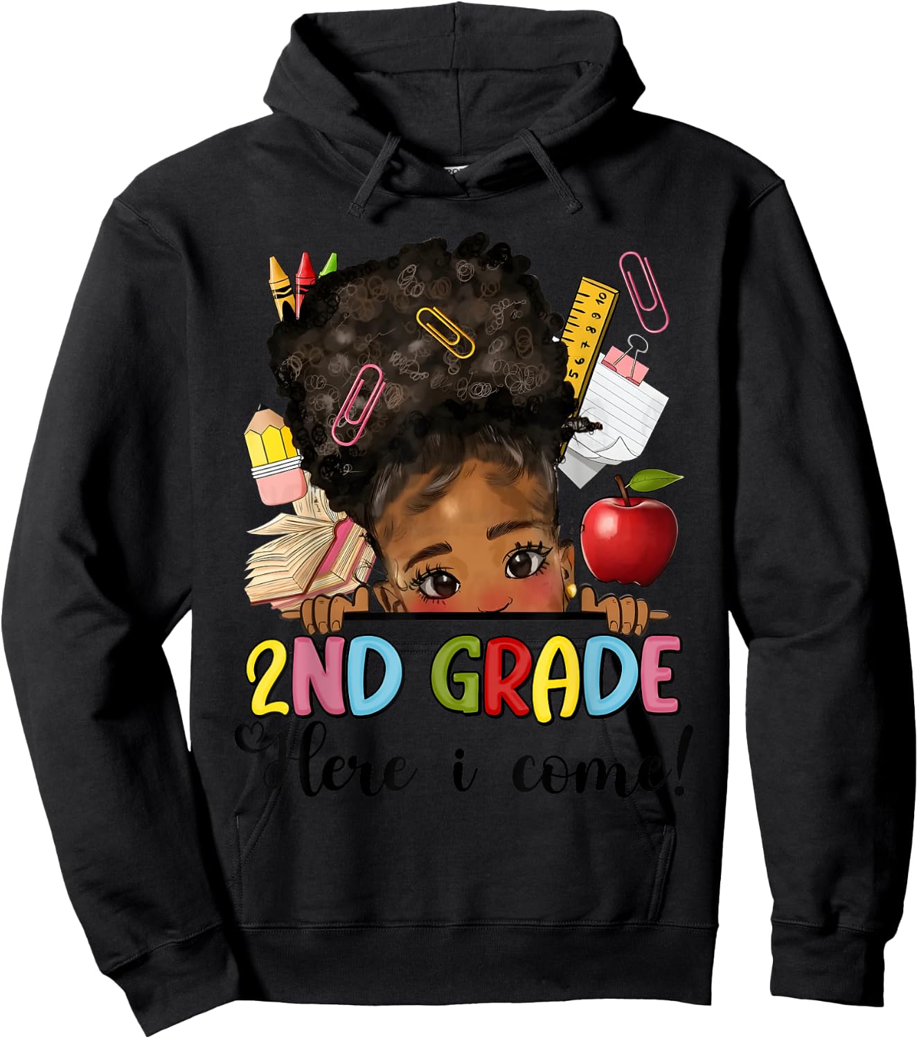 Second Grade Here I come Afro Girl Messy Bun Back to school Hoodie - Hoodie | Black