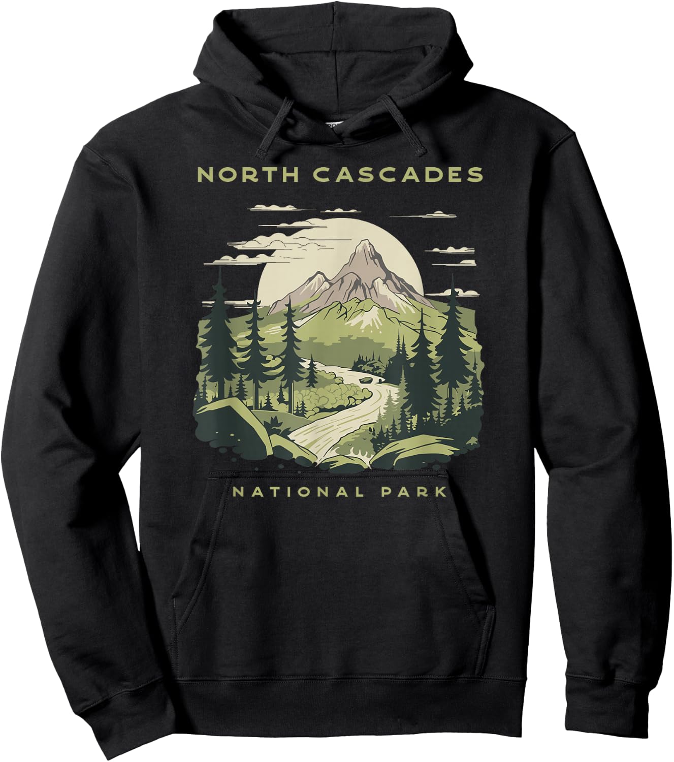 Presto North Cascades National Park -Adults Green Nature Graphic Hoodie - Hoodie | Black