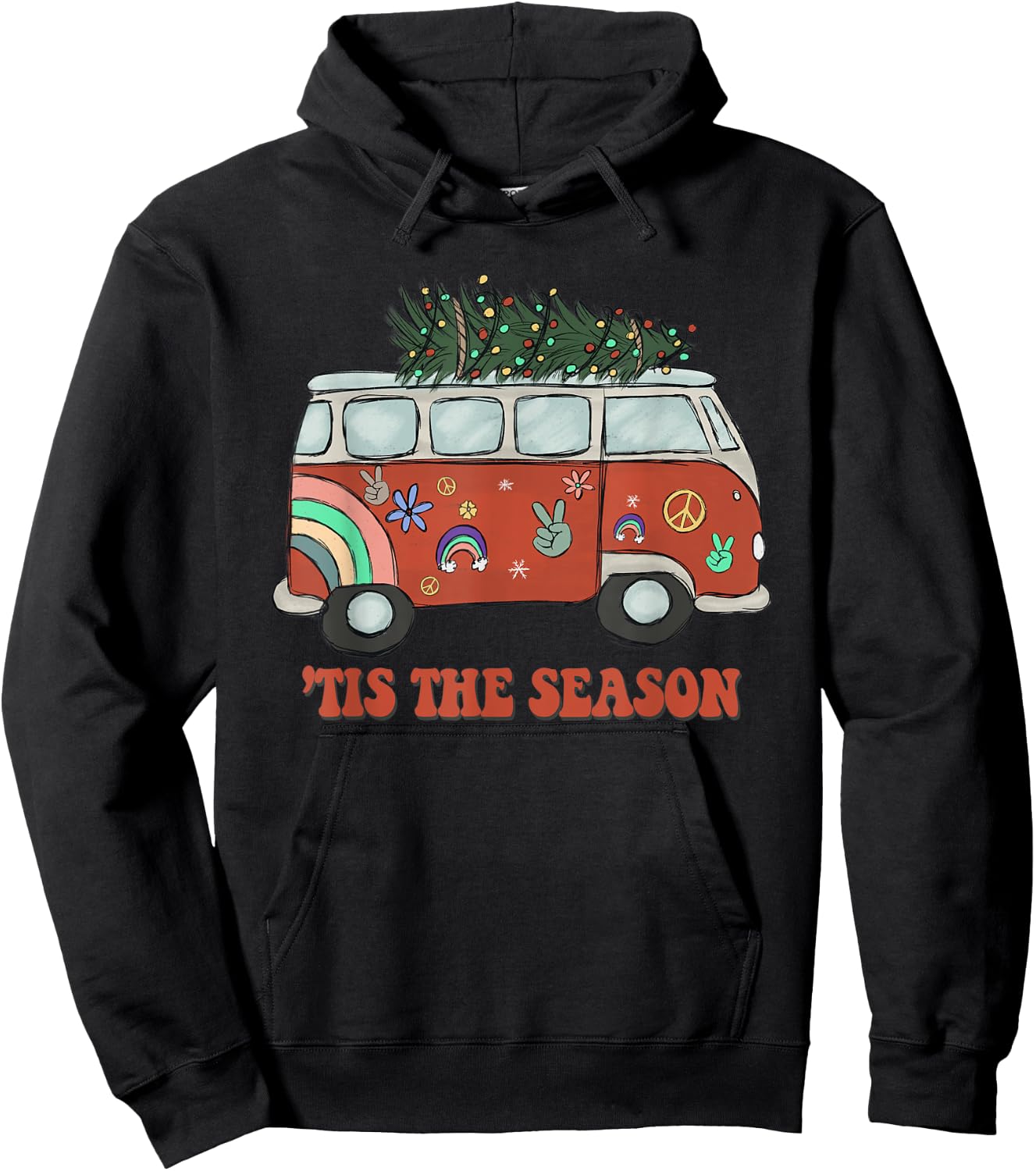 Tis the Season Hippie Christmas Retro Vintage Peace Camping Hoodie - Hoodie | Black