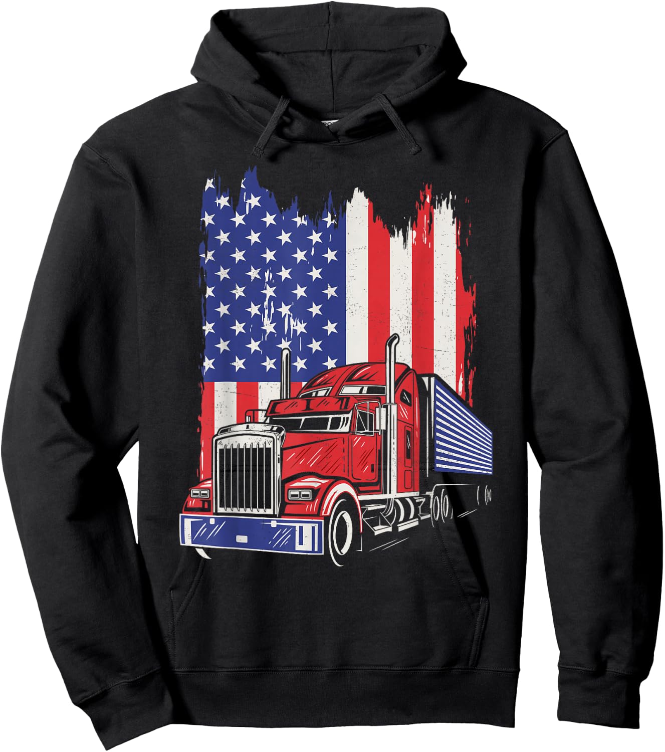 Trucker American Flag Truck Driver 18 Wheeler 4th of July Hoodie - Hoodie | Black