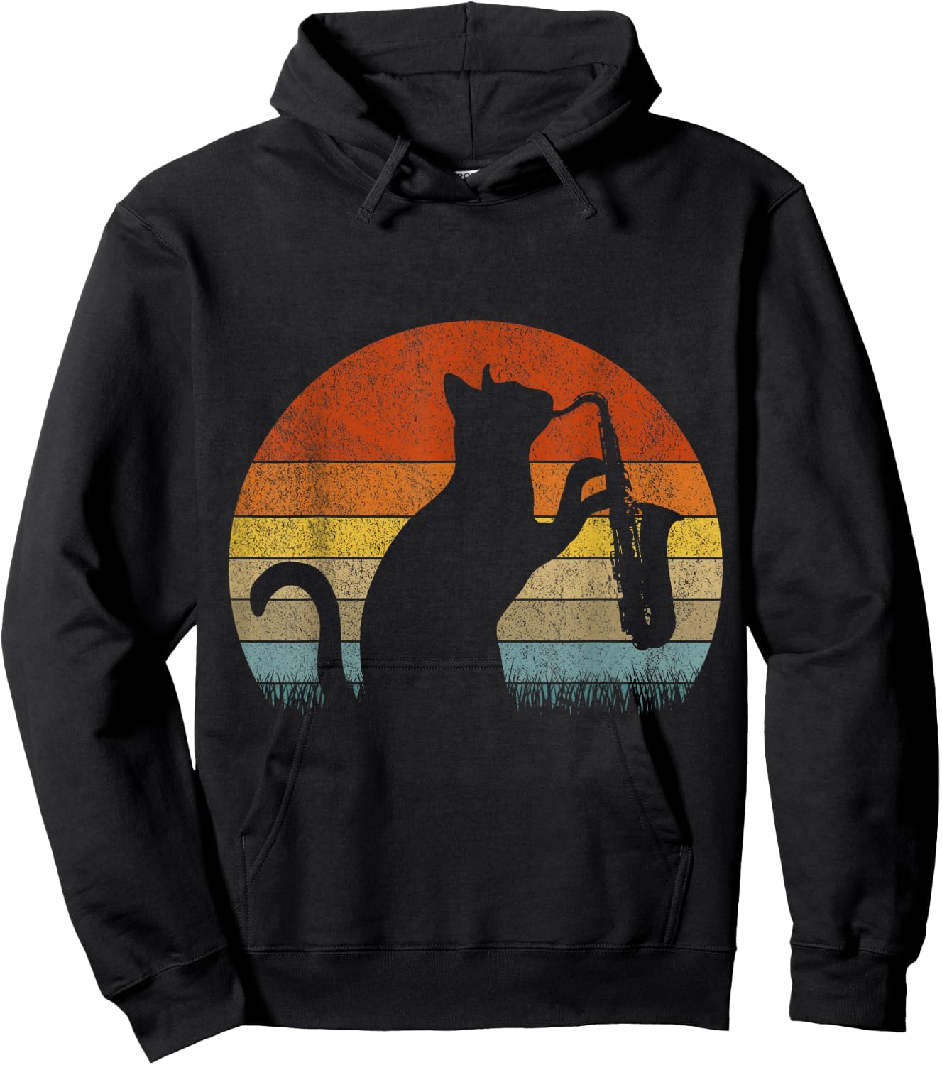 Funny Saxophone Cat Musician Jazz Music Lover Retro Vintage Hoodie - Hoodie | Black