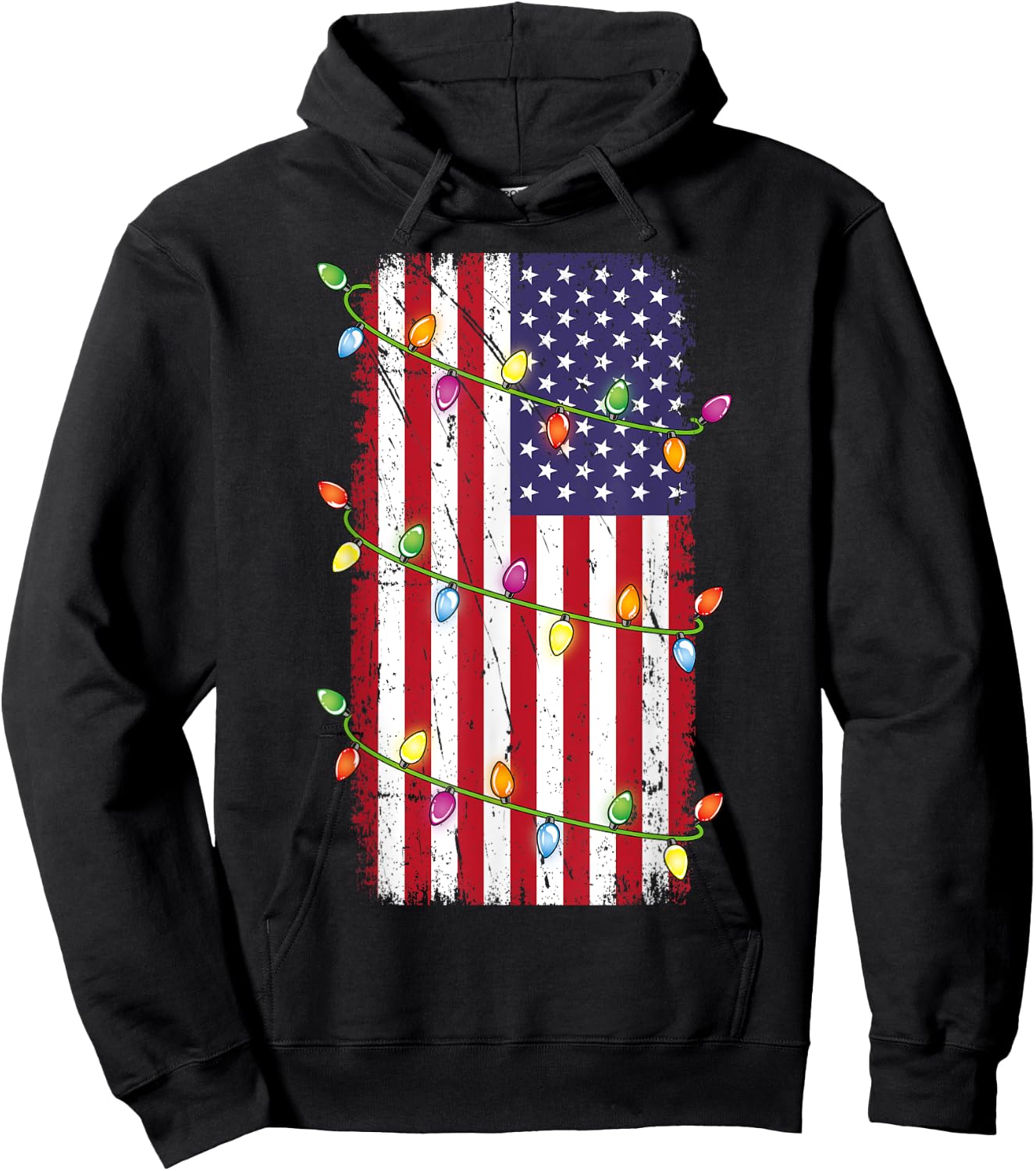 Christmas Lights USA Flag Shirt Patriotic Veteran Christmas Hoodie - Hoodie | Black