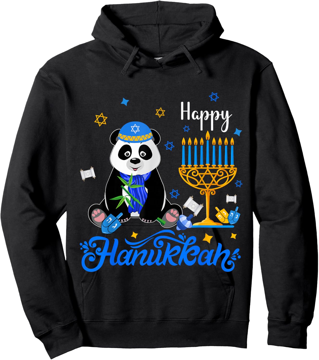 Happy Hanukkah Panda Wearing Jewish Hat Menorah Dreidel Hoodie - Hoodie | Black