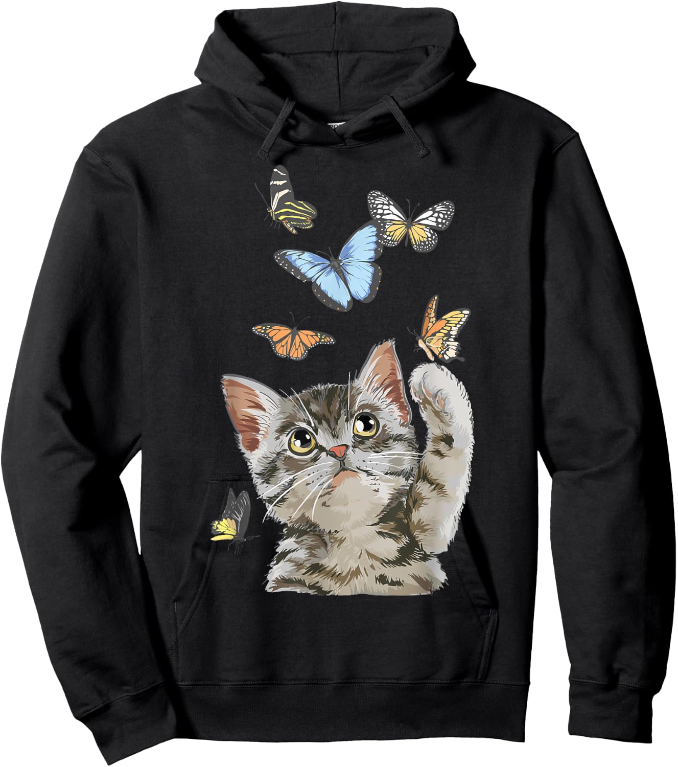 cute Kitty cat playing butterflies for lover cats kitten Hoodie - Hoodie | Black