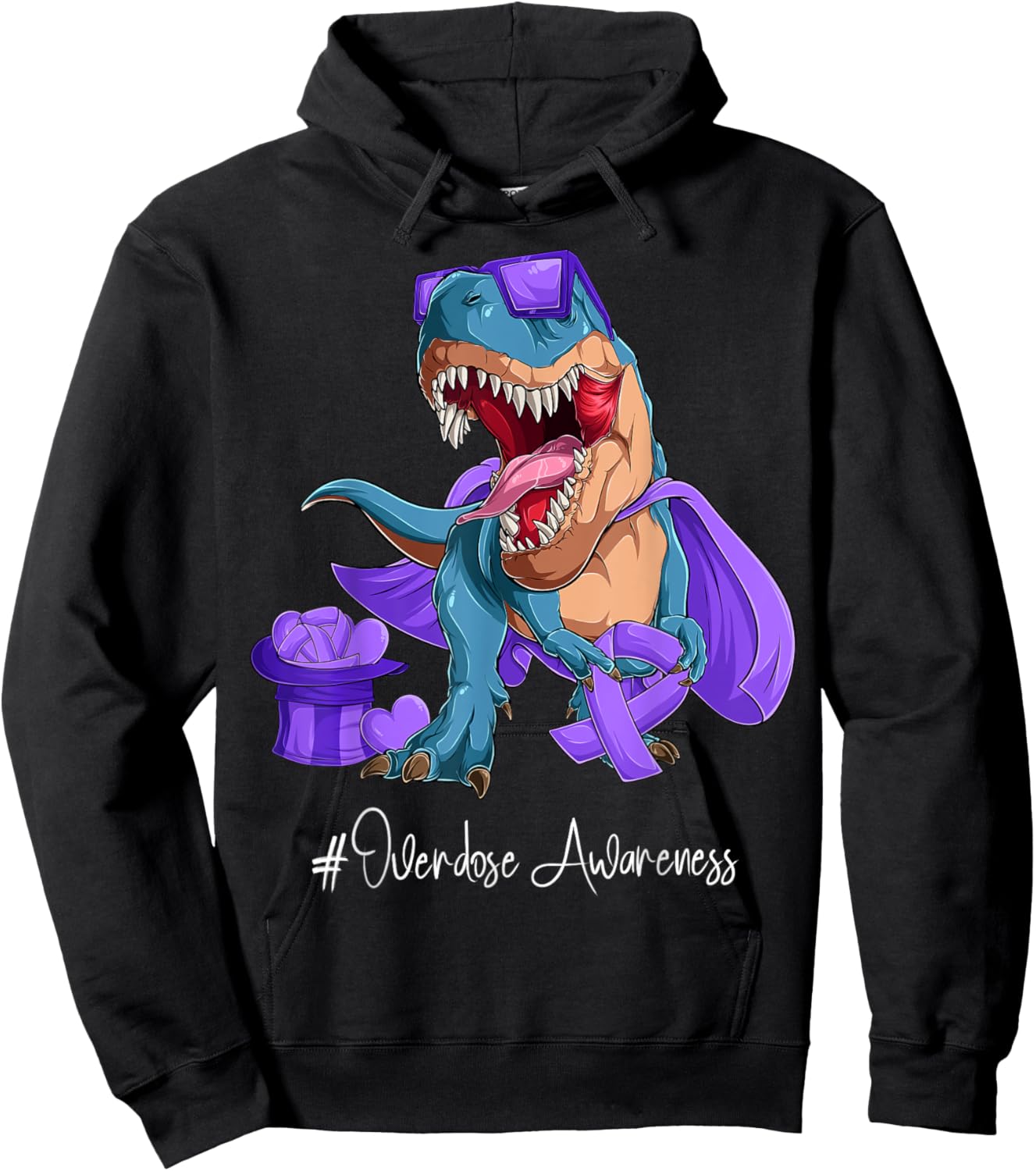 Overdose Awareness Month Purple Ribbon Trex Hoodie - Hoodie | Black