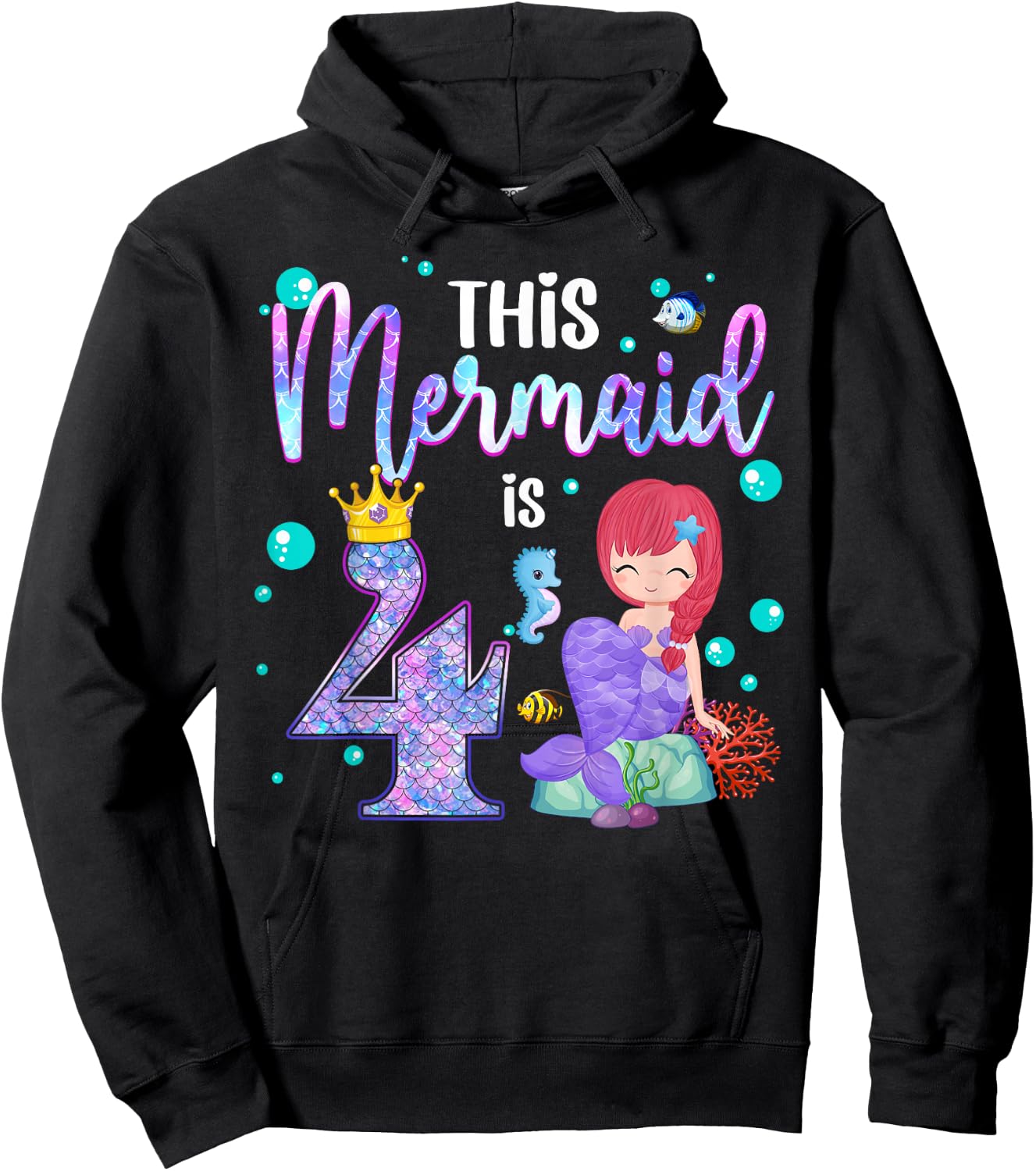 Girls 4th Birthday This Mermaid is 4 Years Old Mermaid Kids Hoodie - Hoodie | Black