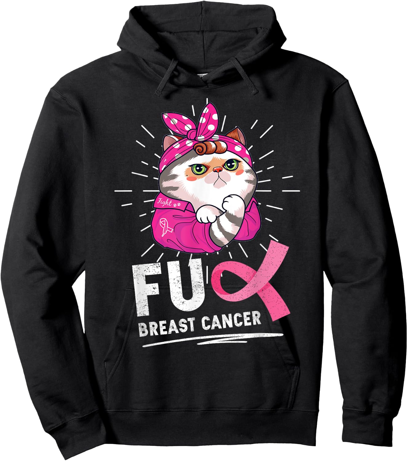Funny Cat Warrior Fuck Cancer Breast Cancer Awareness Women Hoodie - Hoodie | Black