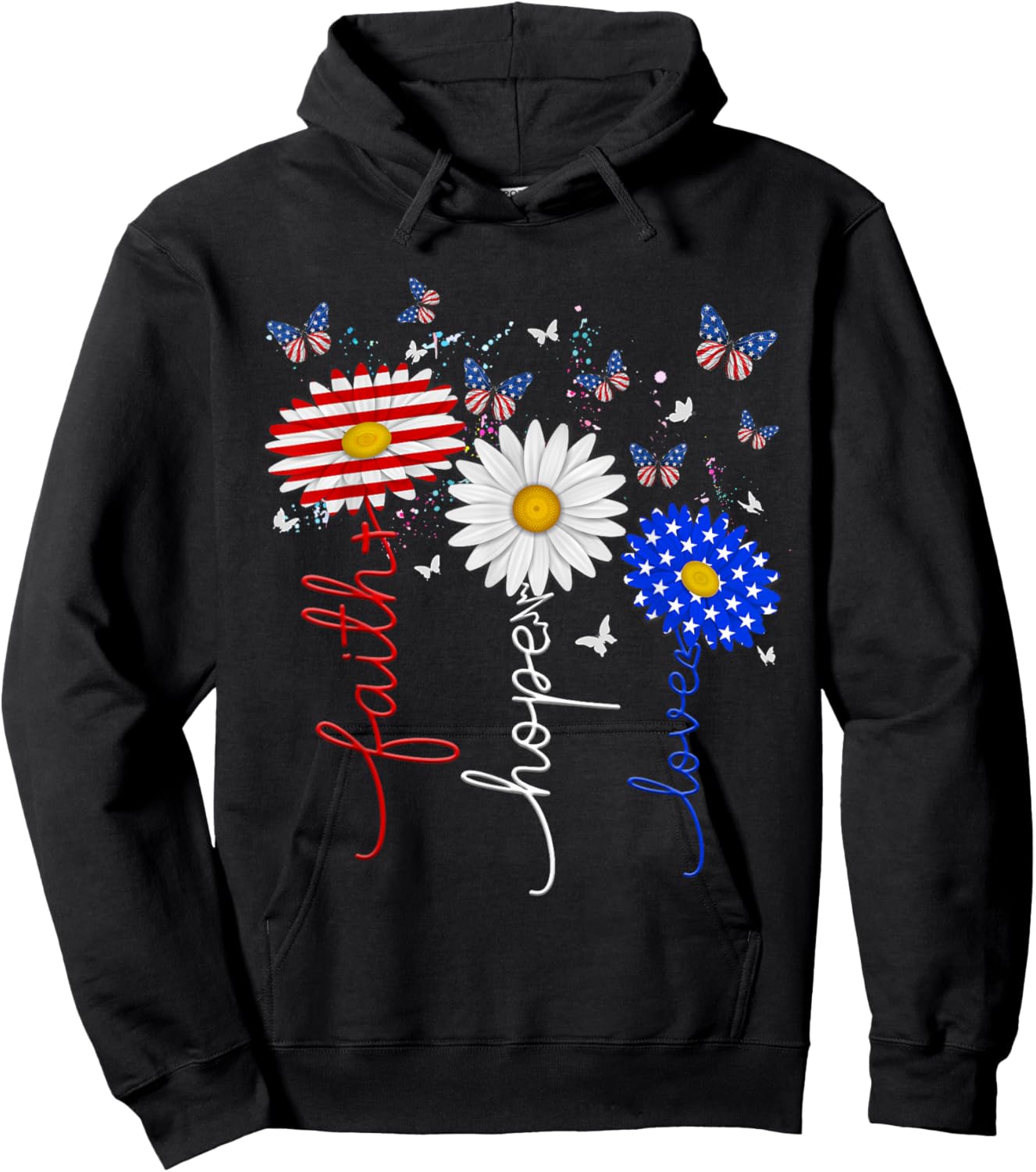 Faith Hope Love Butterfly Daisy 4th Of July Christians God Hoodie - Hoodie | Black