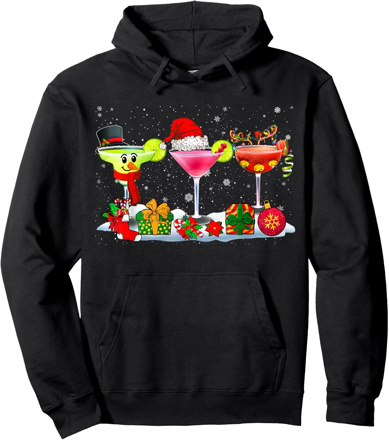 Three Santa Reindeer Snowman Glasses Of Cocktail Funny Xmas Hoodie - Hoodie | Black