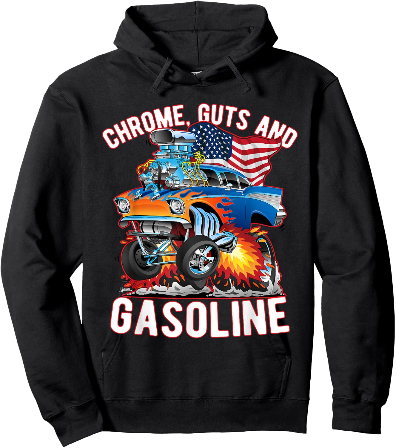 Jeff Hobrath Funny Chrome Guts and Gasoline Hotrod Car Cartoon Design - -Adults/Kids, Black, Short Sleeve, Small Hoodie - Hoodie | Black