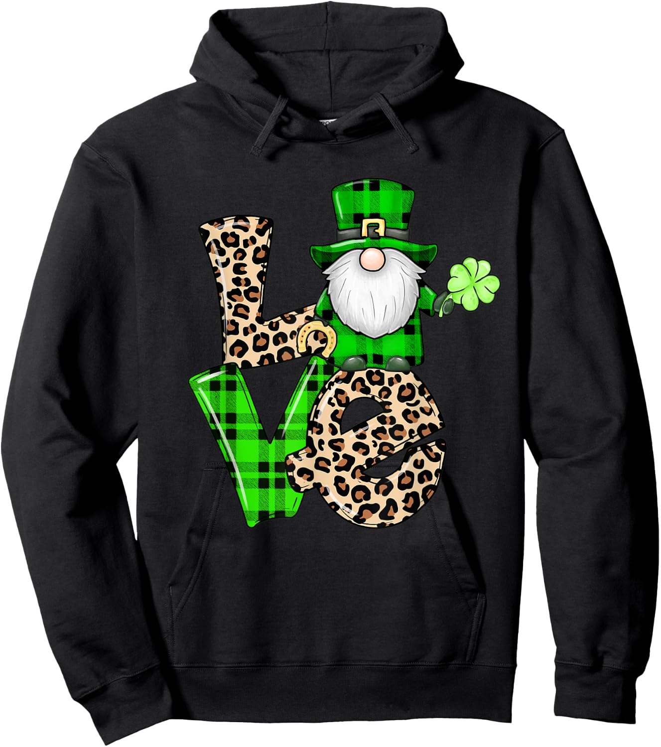 Leopard Shamrock Gnome Leprechaun LOVE St. Patricks Day Hoodie - Hoodie | Black