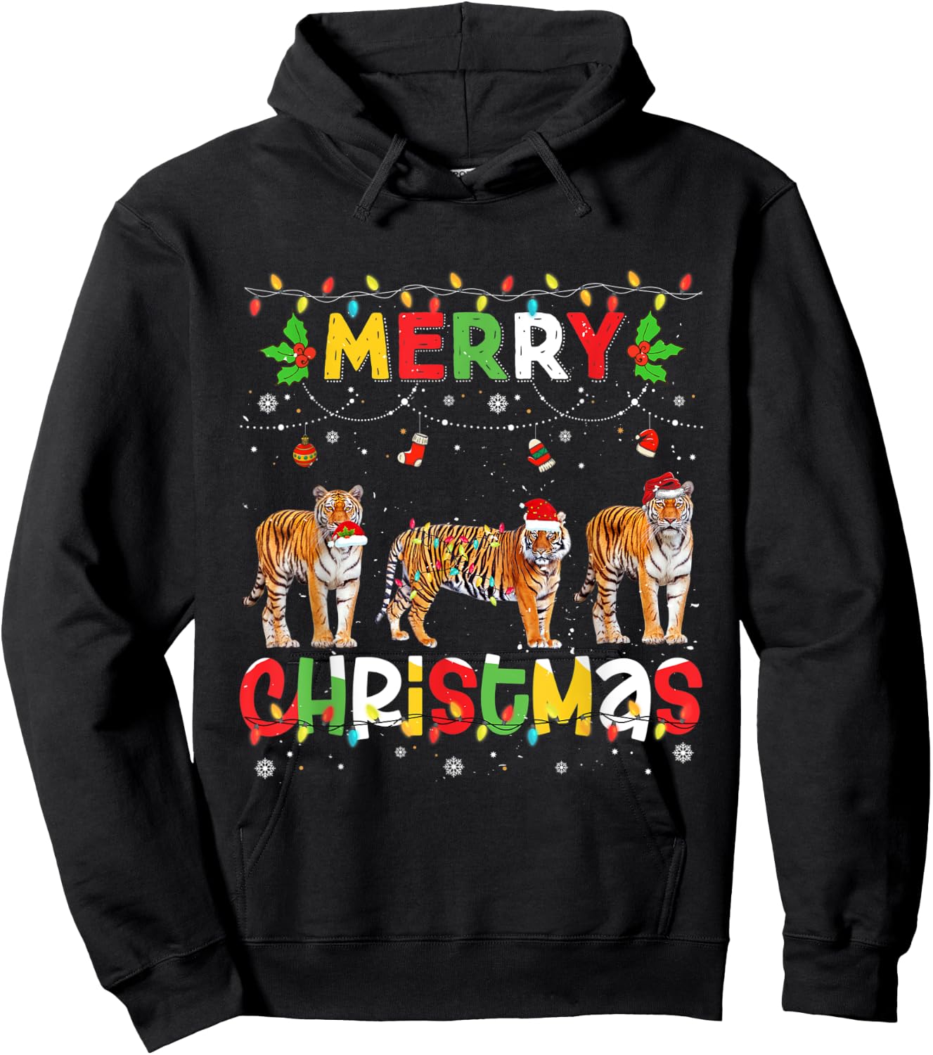 Merry Christmas Tiger Animals Squad Christmas Pajama Hoodie - Hoodie | Black