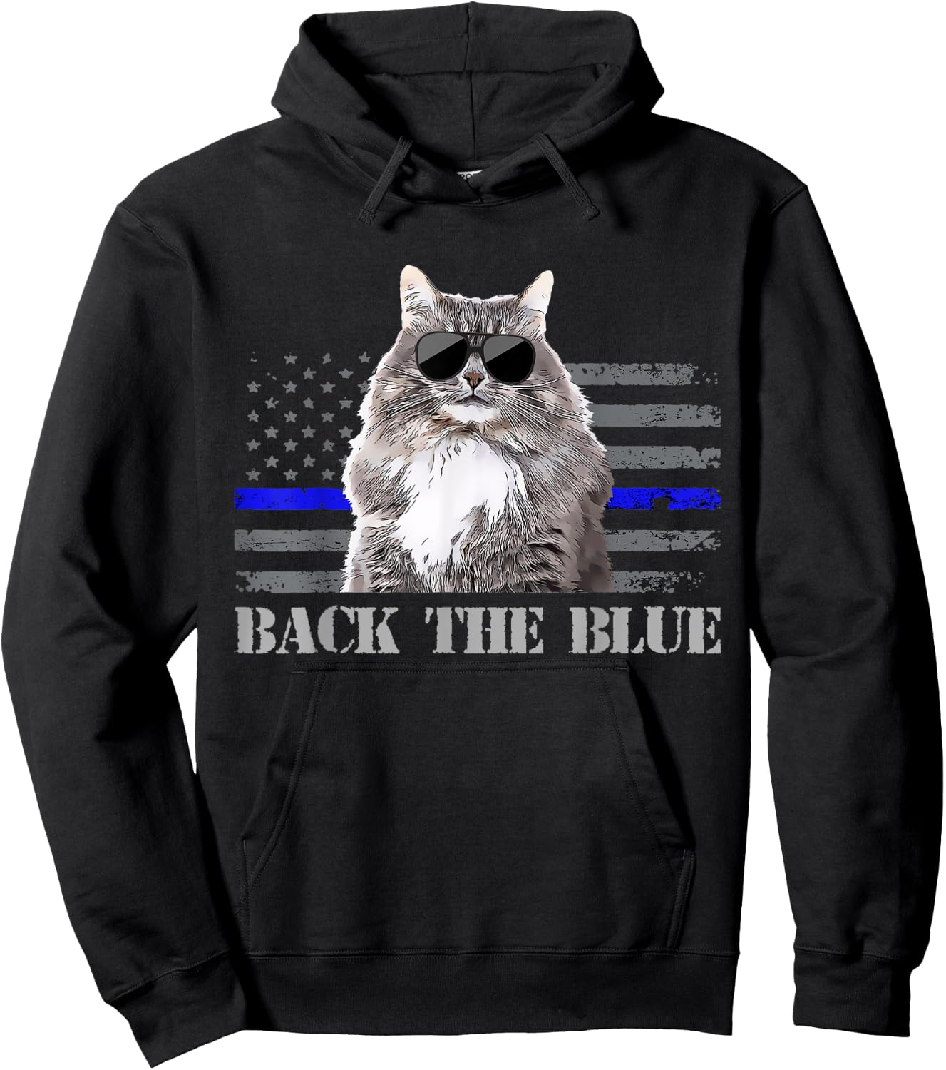 Back the Blue Police Cat Thin Blue Line American Flag Kids Men Hoodie - Hoodie | Black
