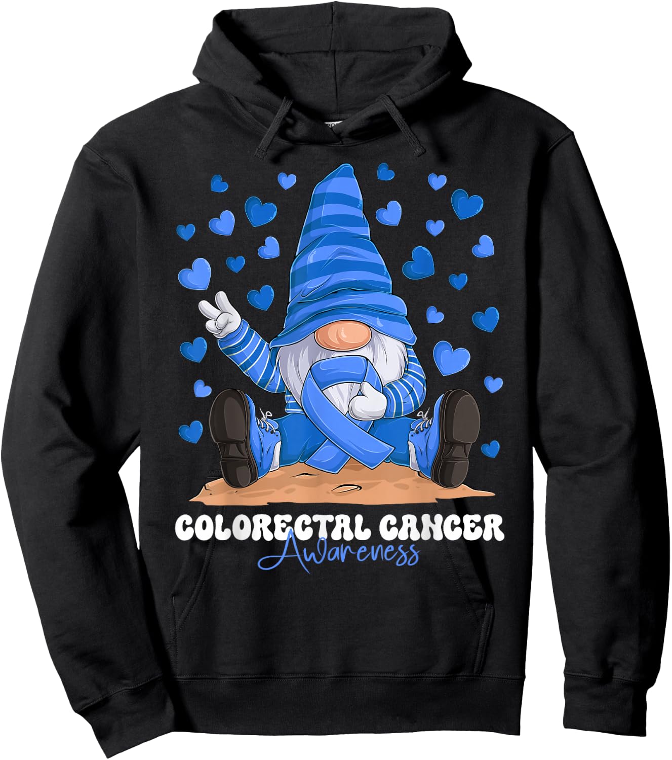 Colorectal Cancer Awareness Month Blue Ribbon Gnome Hoodie - Hoodie | Black