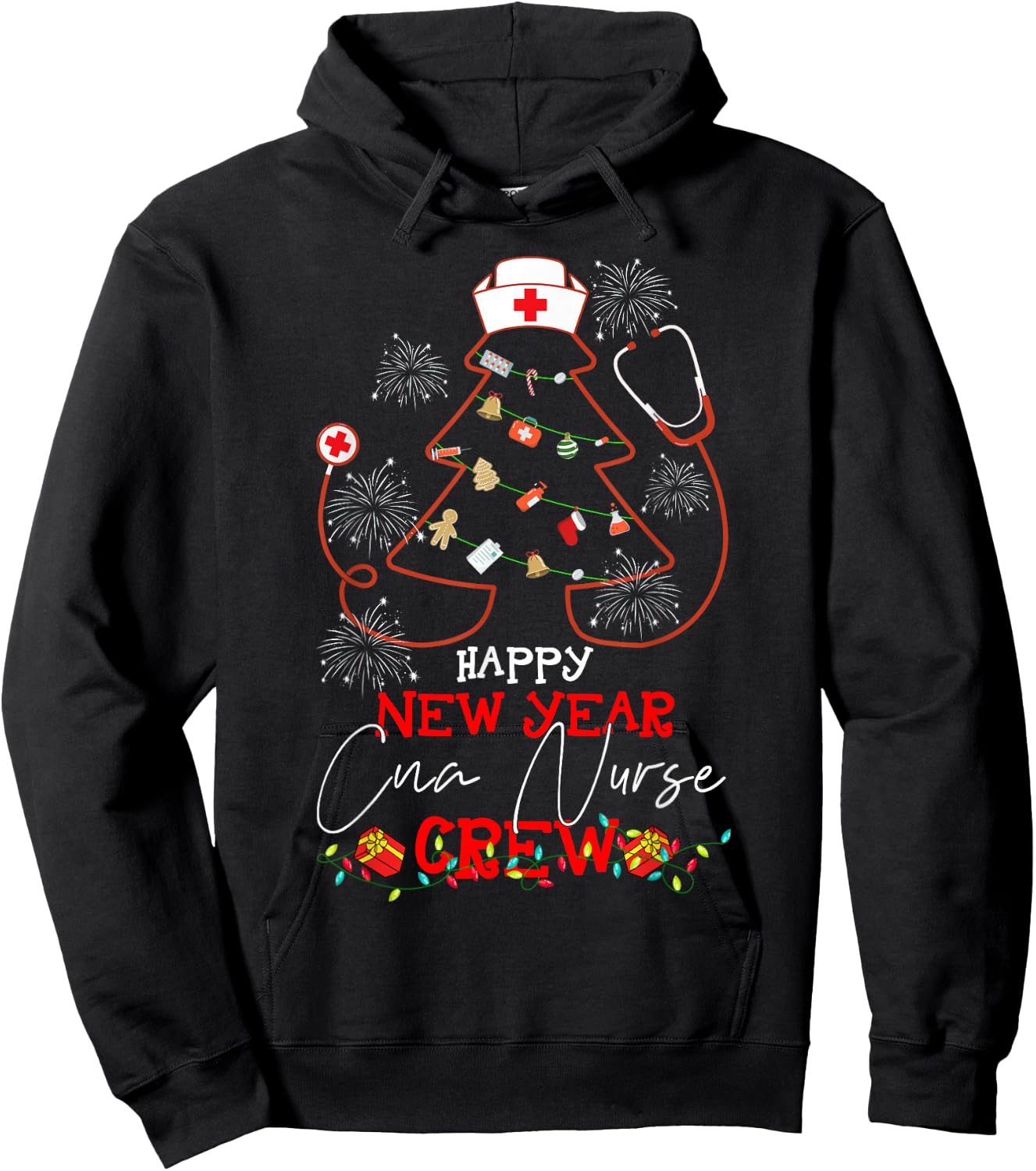 Happy New Year CNA Nurse Crew Reindeer Nurse Christmas Hoodie - Hoodie | Black
