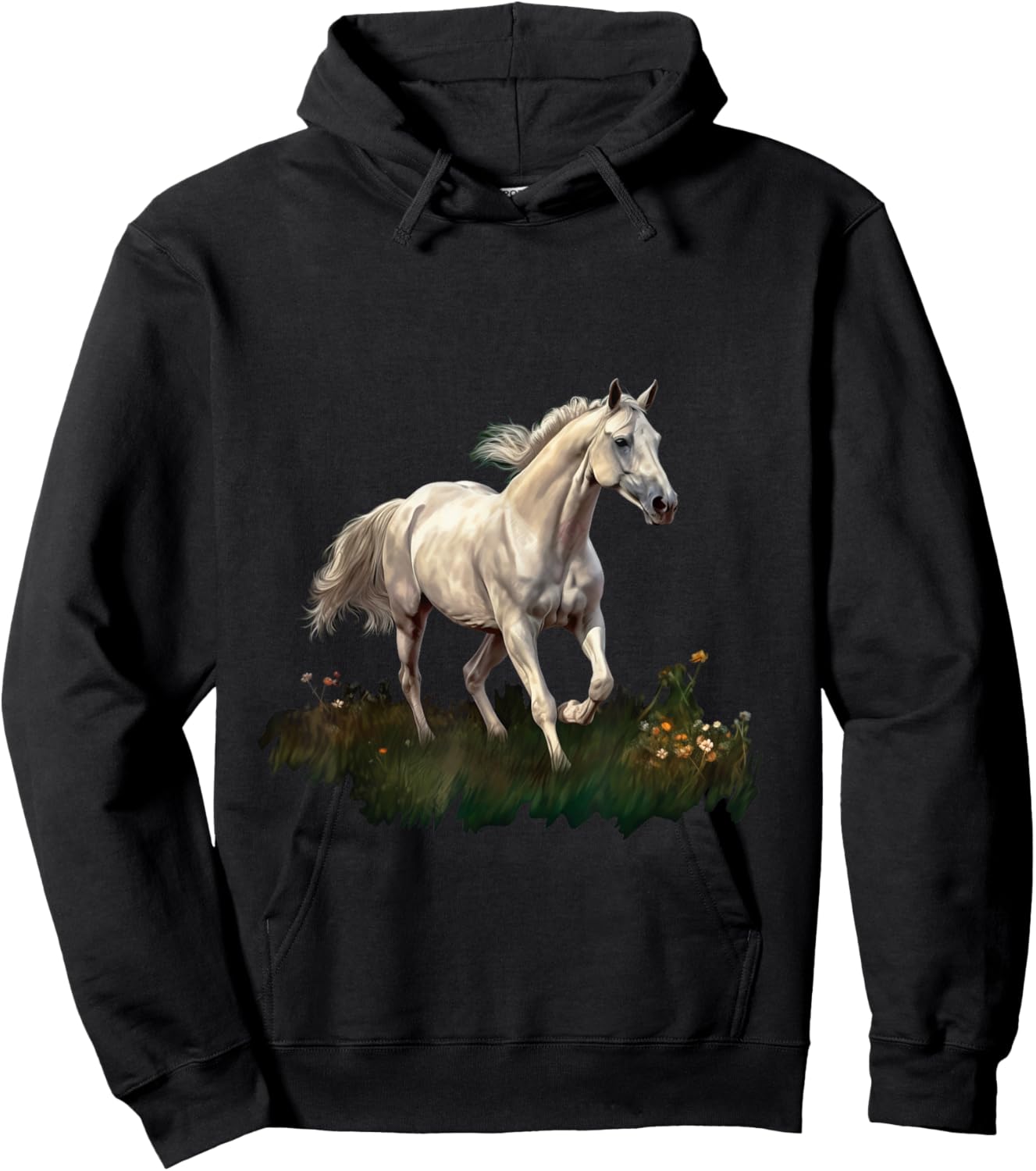 White horse style realistic painting on a meadow Hoodie - Hoodie | Black