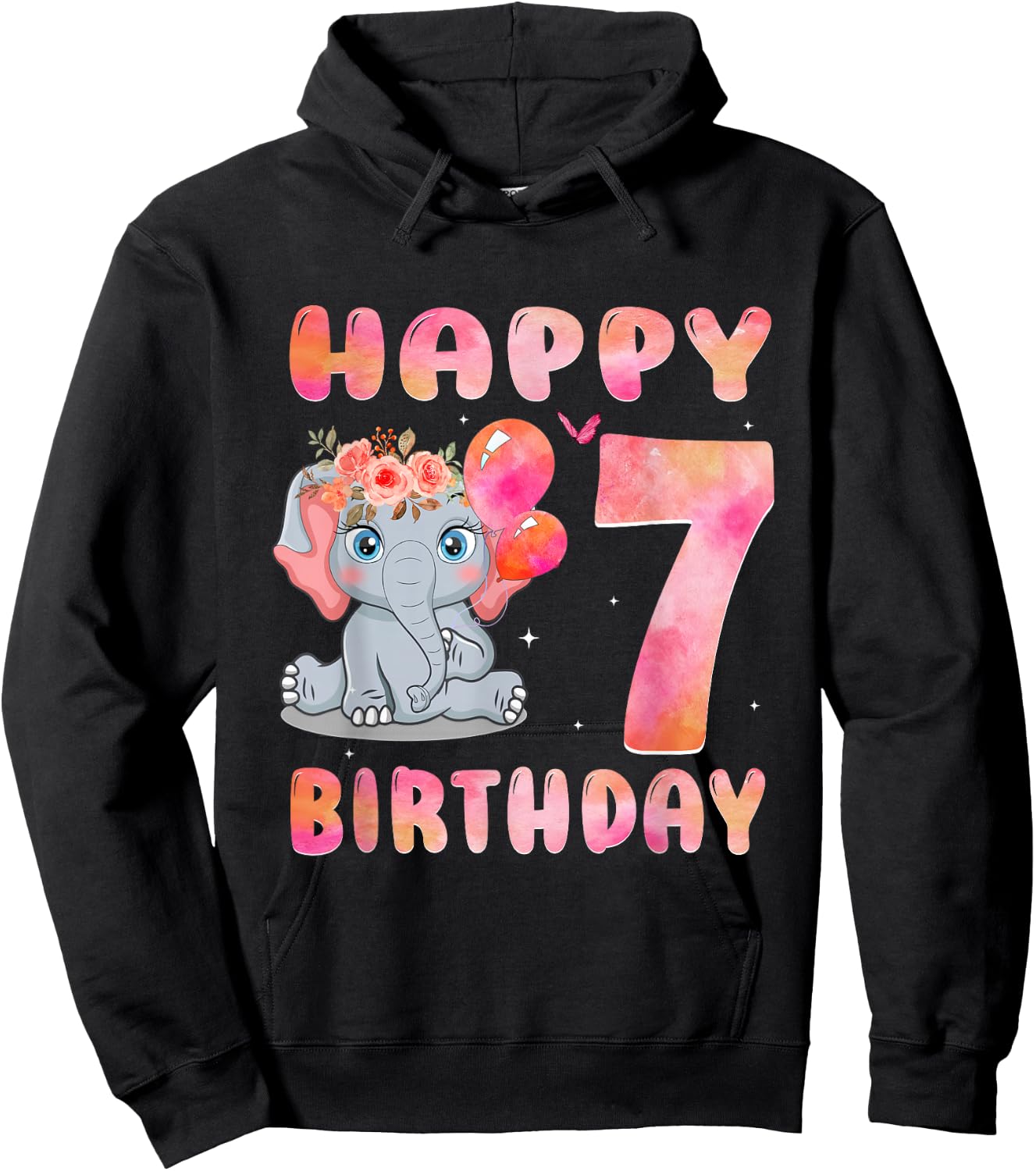 Happy Birthday 7th Elephant Girl Baby Kid 7 Year Old Hoodie - Hoodie | Black