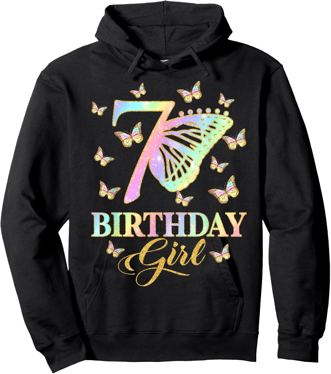 Butterfly 7th Birthday Outfit 7 Year Old Girl Kids Cute Hoodie - Hoodie | Black